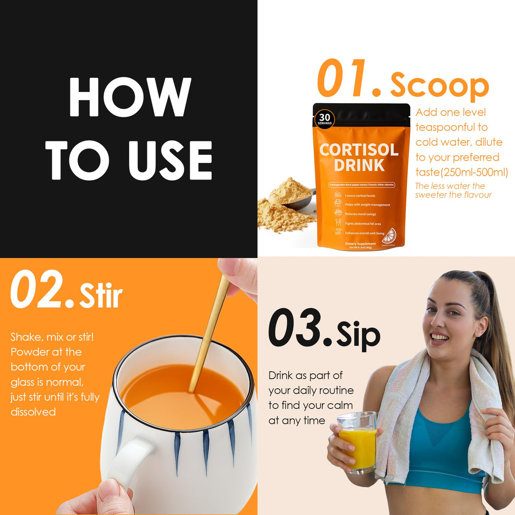 Cortisol Drink Powder - Natural Cortisol Supplements for Ashwagandha, L-Theanine, Turmeric Root, Black Pepper Extract, Relaxation, Focus, Mental Clarity oviaapo Au supplements
