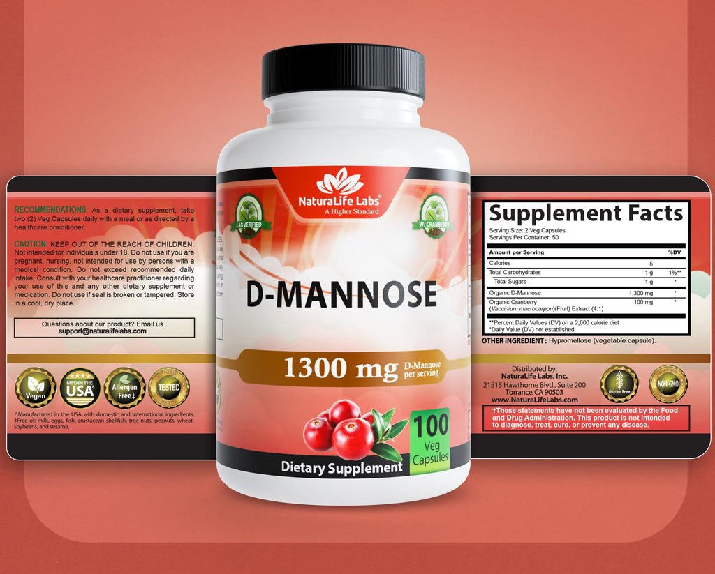 NaturaLife Labs Organic D-Mannose 1300 mg with Organic Cranberry Extract 100 mg per Serving – 100 Capsules – Non-GMO, Gluten-Free, Vegan NaturaLife Labs Au supplements