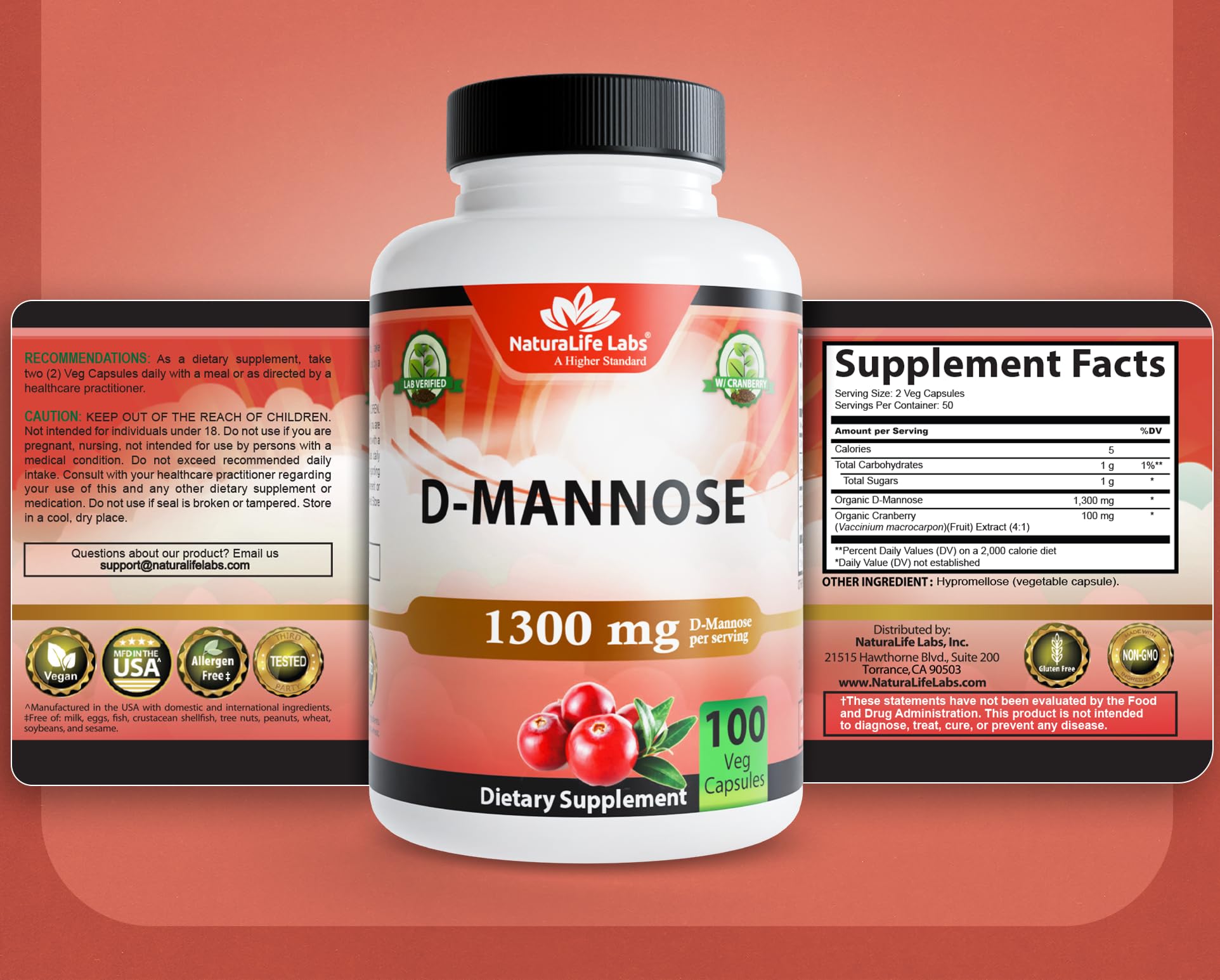 NaturaLife Labs Organic D-Mannose 1300 mg with Organic Cranberry Extract 100 mg per Serving – 100 Capsules – Non-GMO, Gluten-Free, Vegan NaturaLife Labs Au supplements