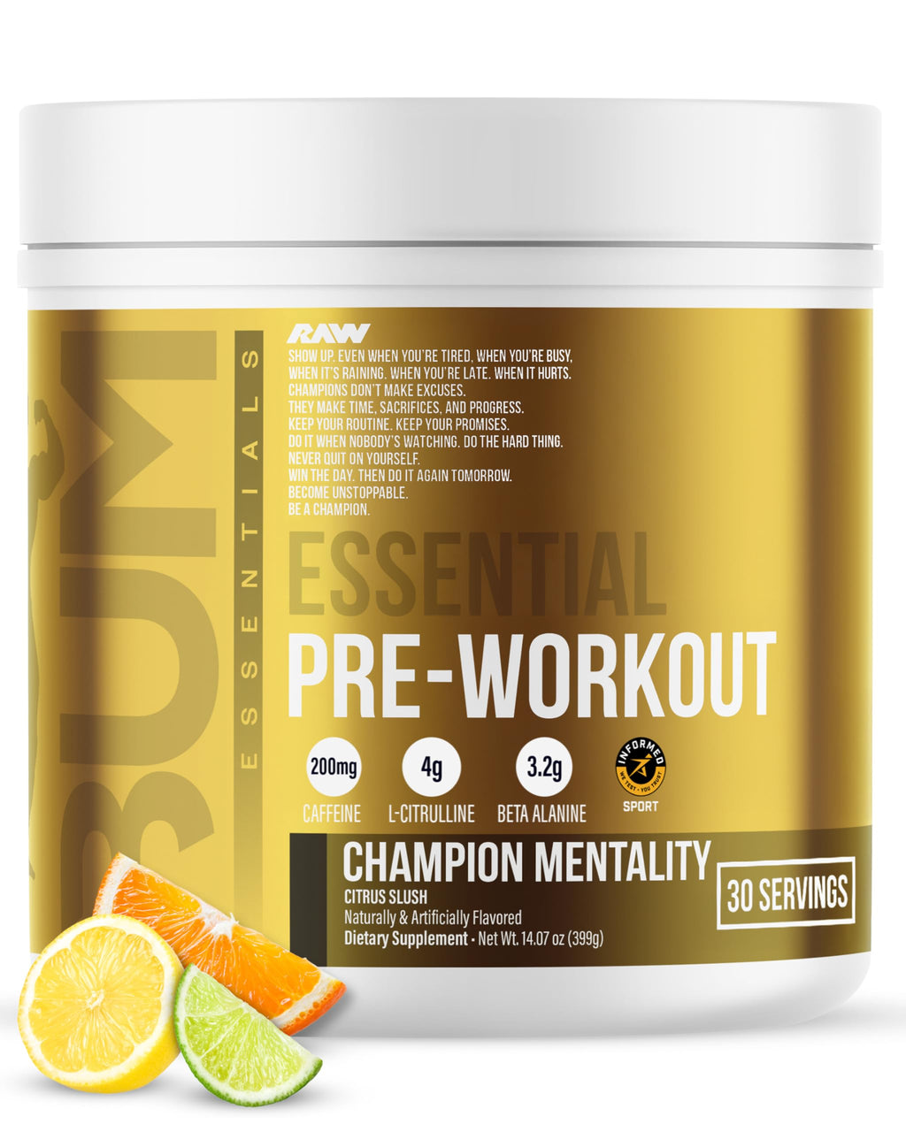 RAW Essential Pre-Workout Powder (Champion Mentality) - Chris Bumstead Sports Nutrition Supplement for Men & Women - Preworkout Energy Powder with Caffein