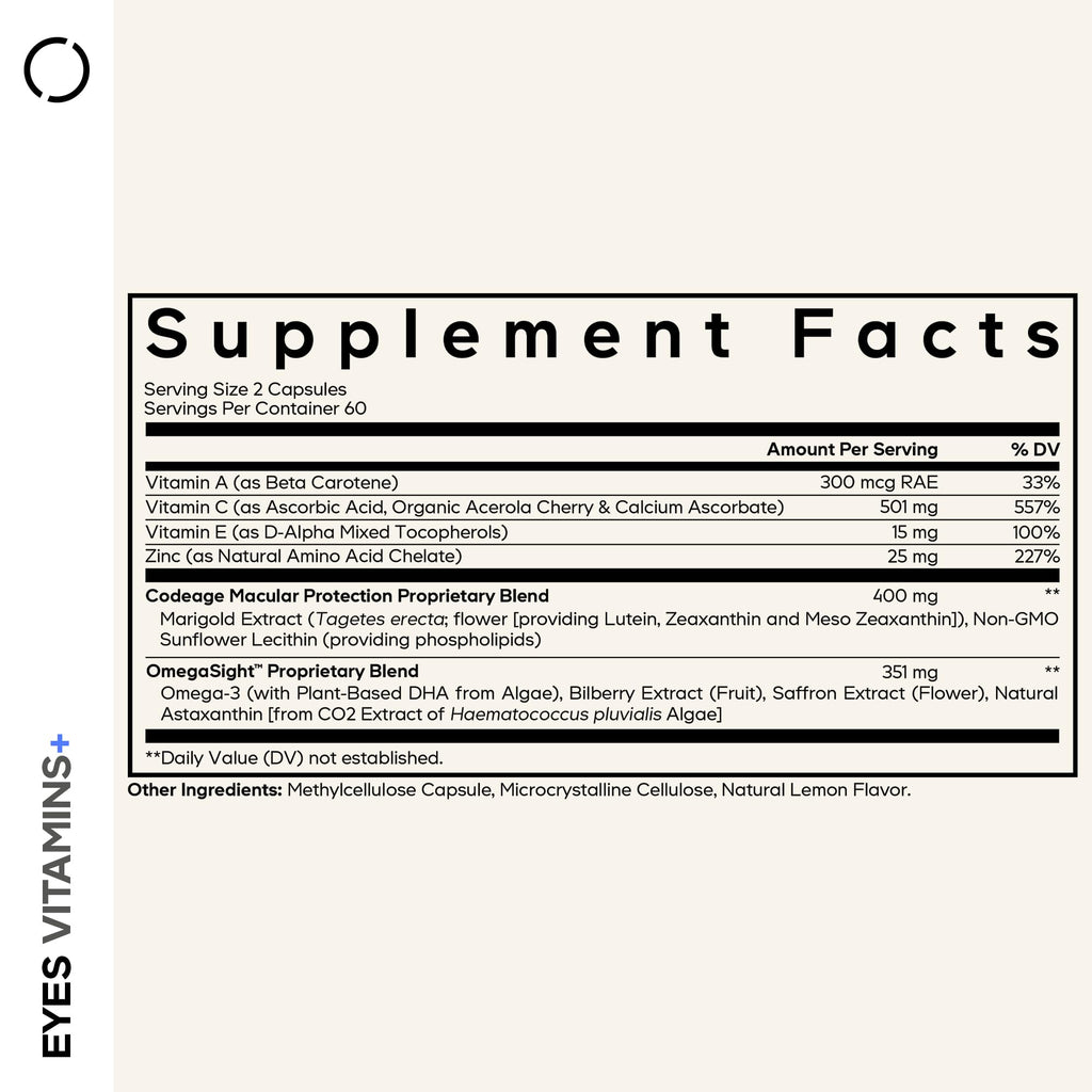 Codeage Eyes Vitamins - AREDS 2 Based Formula Supplement - 2-Month Supply - Vitamins A, C, E, Zinc, Lutein, Astaxanthin, Zeaxanthin, Eyebright, Marigold, Bilberry, Saffron, Omega-3-120 Capsules Codeage Au supplements