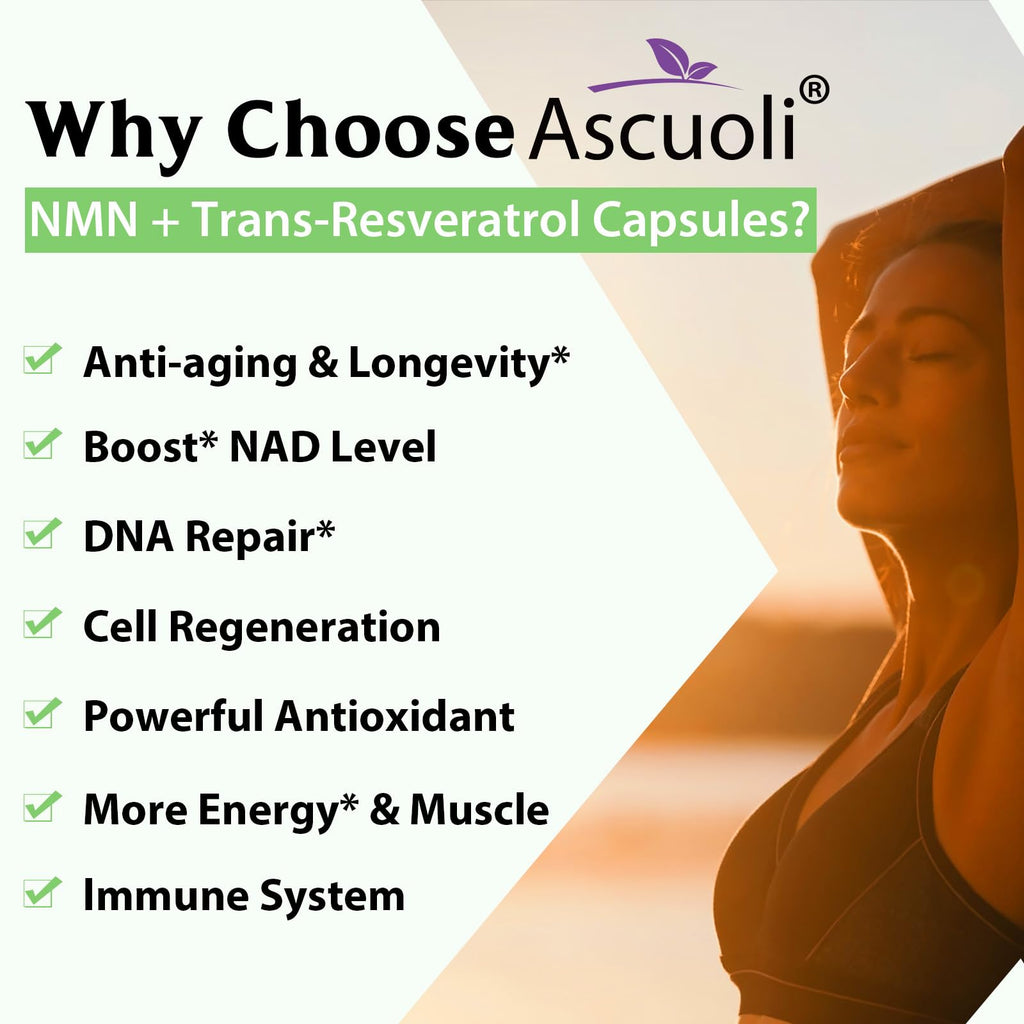 99% Ultra Purity NMN 500mg + Trans-Resveratrol 600mg, 1150mg NMN Resveratrol Supplement, 3-in-1 Advanced Formula for Boost* NAD, Cell, Immune, Energy & Muscle, Healthy Aging, Stabilized Form - 60 Caps Ascuoli Au supplements