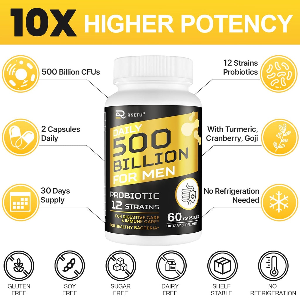 Probiotics for Men, 500 Billion CFUs & 12 Strains Mens Probiotic with Turmeric Cranberry, Goji, Gut Health for Men, for Digestive Health, Gut, Bloating & Gas, Immune, Energy Support, 120-Day Supply RSETU Au supplements