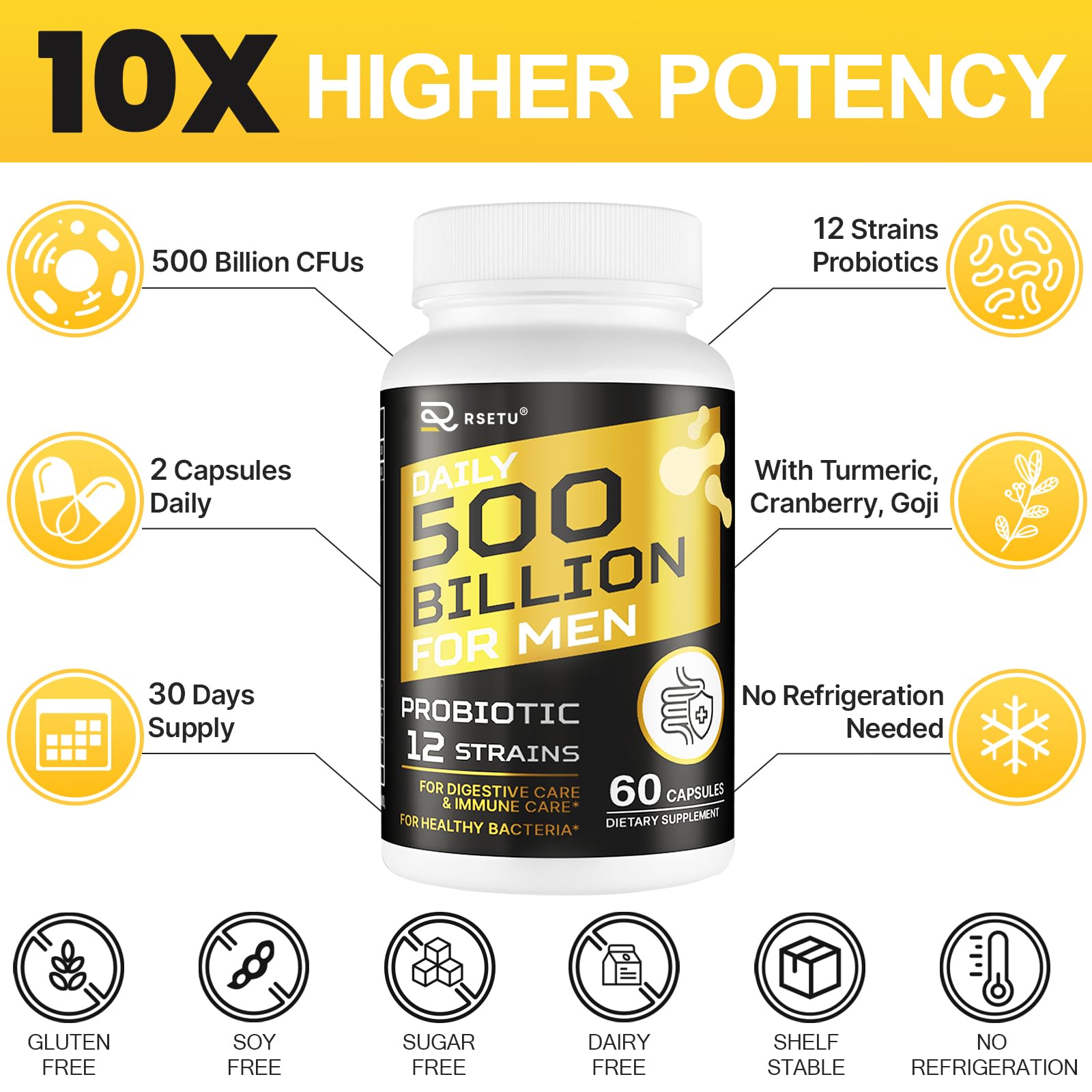 Probiotics for Men, 500 Billion CFUs & 12 Strains Mens Probiotic with Turmeric Cranberry, Goji, Gut Health for Men, for Digestive Health, Gut, Bloating & Gas, Immune, Energy Support, 120-Day Supply RSETU Au supplements