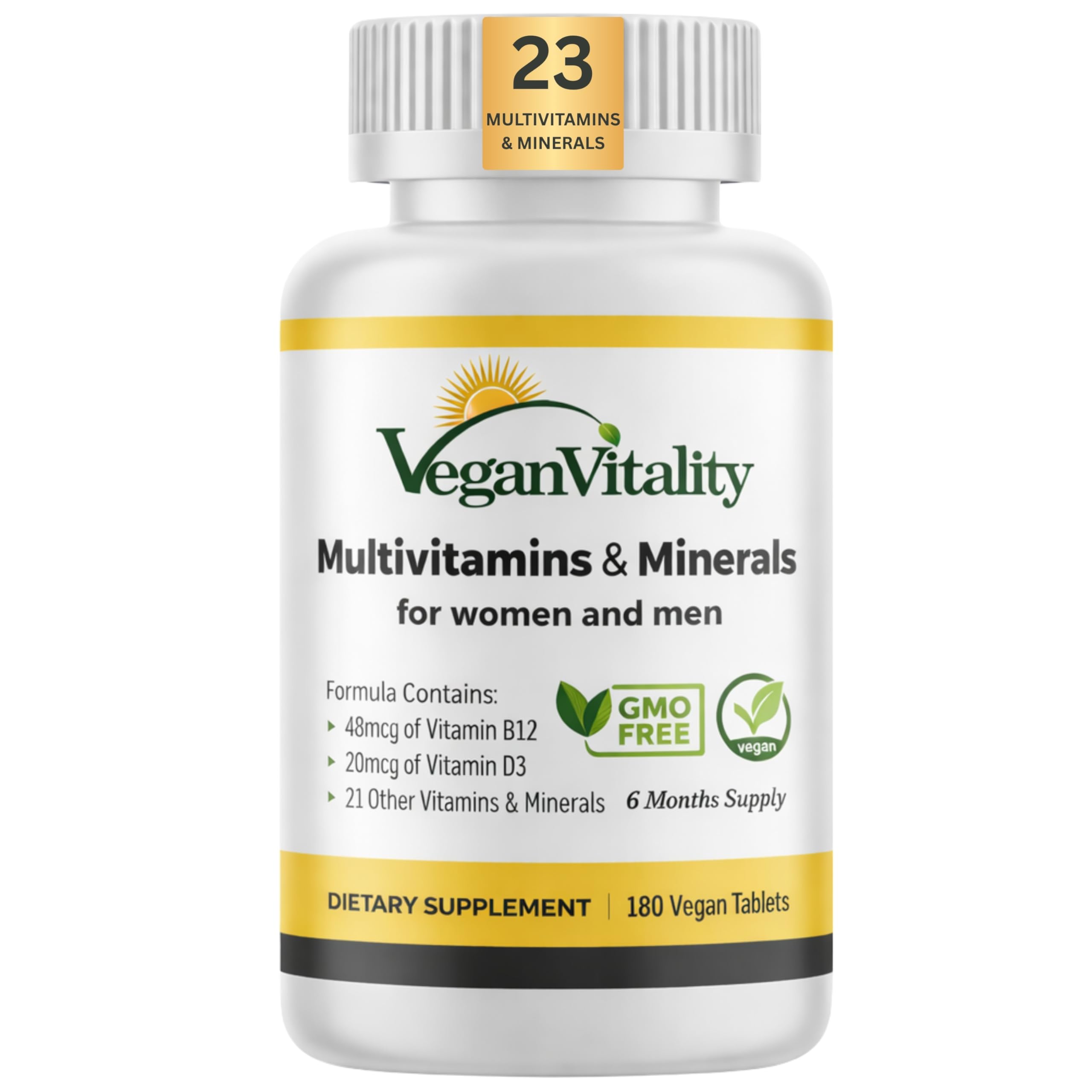 Vegan Vitality Multivitamins & Minerals for Women and Men with High Strength Vitamin B12, D3 & K2. 180 Vegan Multivitamin Tablets - 6 Months Supply
