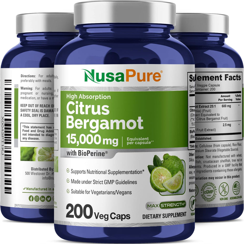 NusaPure Citrus Bergamot Capsules 15,000mg, 200 Capsules - 25:1 Bergamot Extract - 200 Servings, Bioperine, Vegan, Non-GMO NusaPure Au supplements