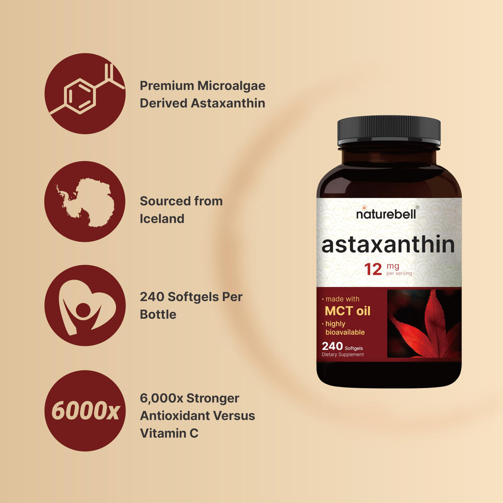 NatureBell Maximum Strength Astaxanthin 12mg, 240 Softgels - 4 Month Supply - Natural Antioxidant from Haematococcus