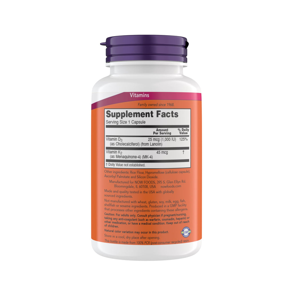 Now Supplements Vitamin D3 K2, 1,000 IU/45 mcg, Cardiovascular Support, Supports Bone Health, 180 Vegetarian Capsules