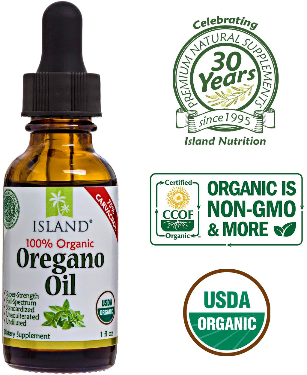 Island Nutrition, Oregano Oil Organic Liquid Drops - 100% Pure & Undiluted - USDA-Certified Organic (1 oz) 75% Carvacrol