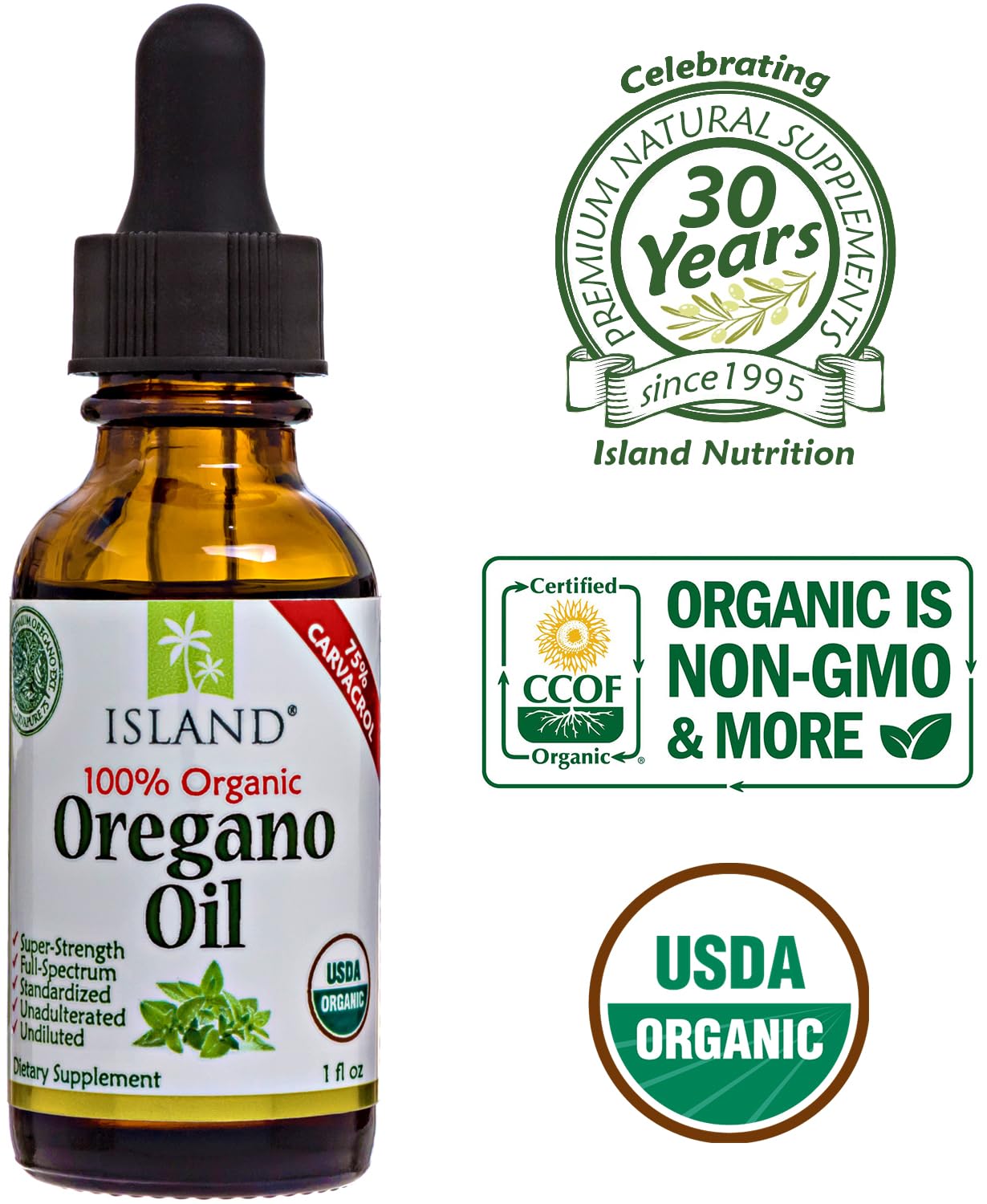 Island Nutrition, Oregano Oil Organic Liquid Drops - 100% Pure & Undiluted - USDA-Certified Organic (1 oz) 75% Carvacrol
