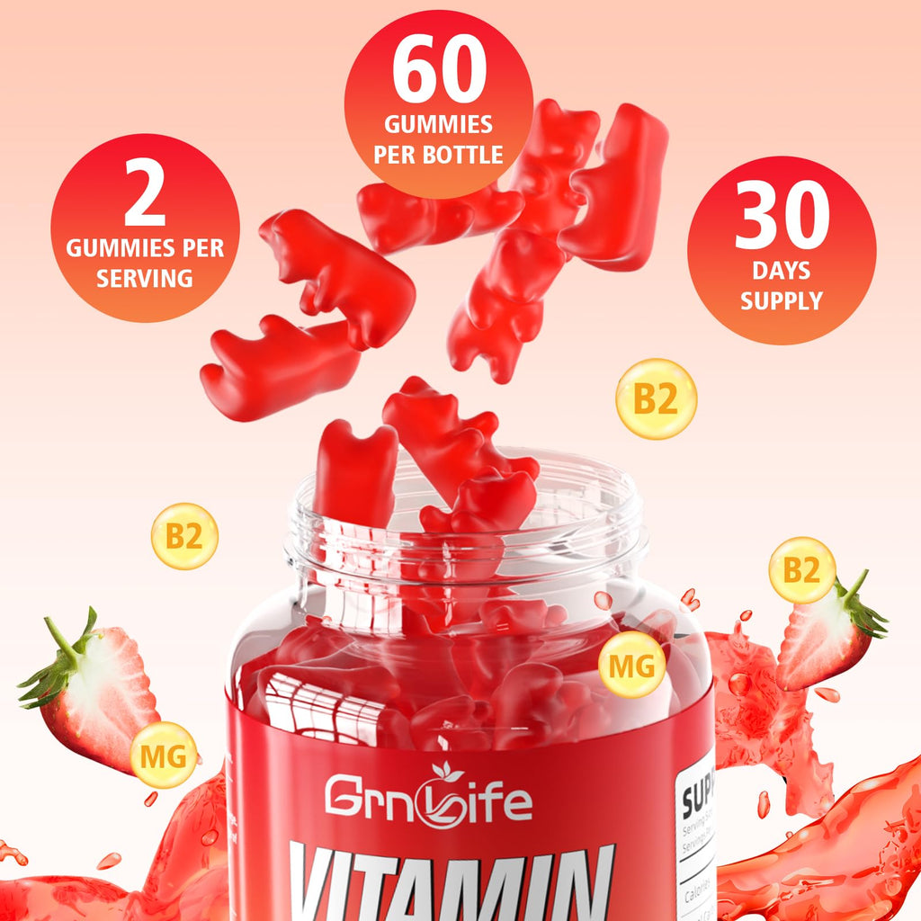 GrnLife 2 Pack Vitamin B2 Gummies, Riboflavin 400mg with Magnesium for Kids & Adults, Migraine Relief & Energy Support