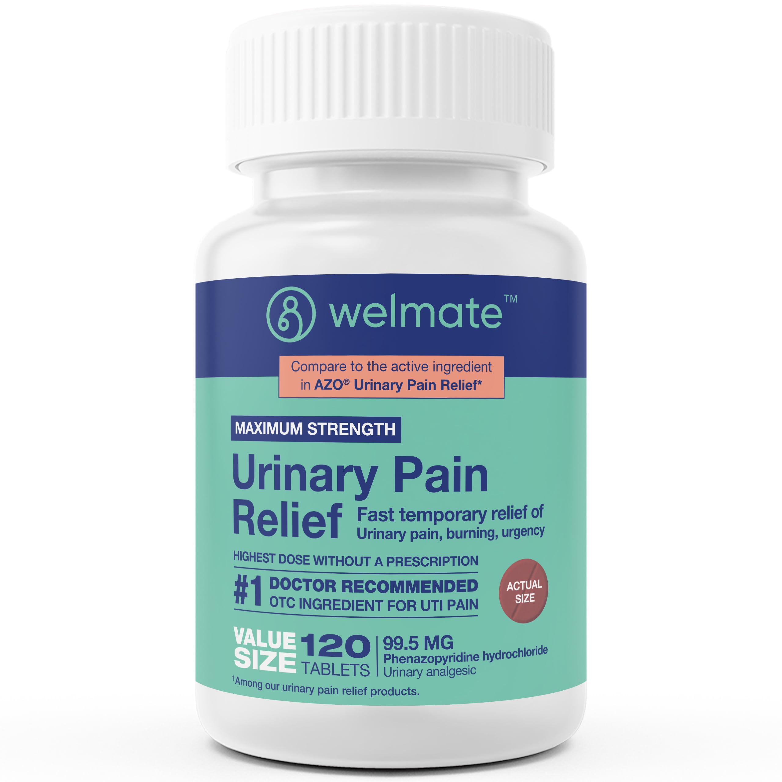 WELMATE Urinary Pain UTI Relief Maximum Strength (Phenazopyridine HCL) - Improve Urinary Tract Health & Bladder Control, Urgency, & Discomfort | Over-The-Counter Medication for Men & Women (120 Pills) WELMATE Au supplements