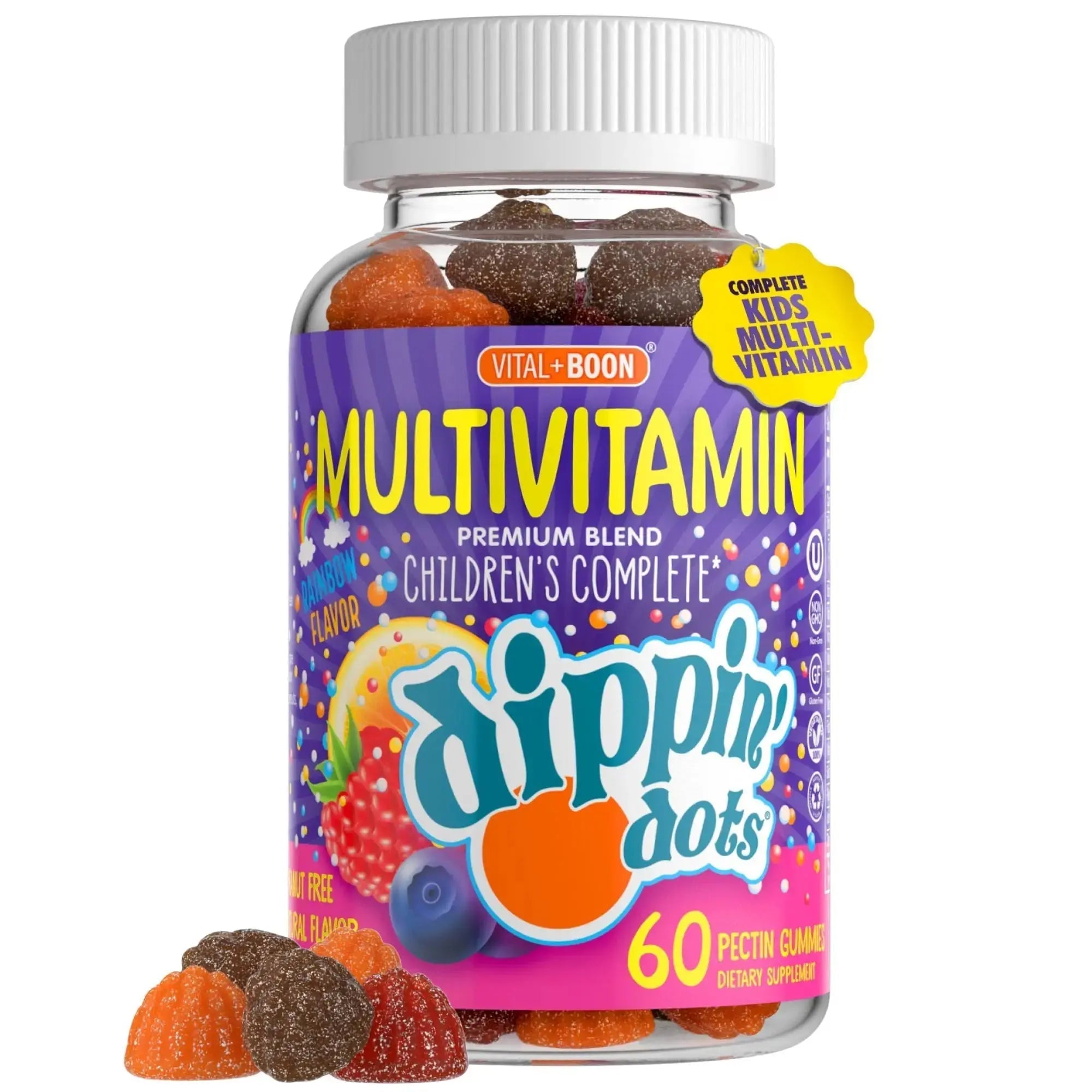 Dippin' Dots - Multivitamin Gummies for Kids Rainbow Fruit Flavor Complete Multivitamin Chewy Gummies Vitamin A, B, C, D3, E, B6, Zinc - 60 Count Vital+Boon Au supplements