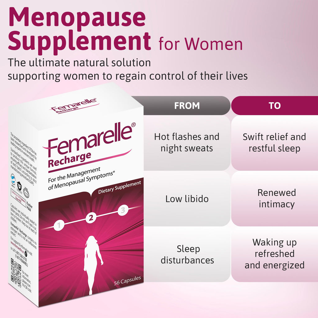 Femarelle® Recharge – Menopause Supplement for Women - Clinically Proven Menopause Relief - Hot Flashes, Night Sweats, Sleep & Libido Support Within 1st Month, Gluten-Free, GMO-Free & Hormone Free Femarelle Au supplements