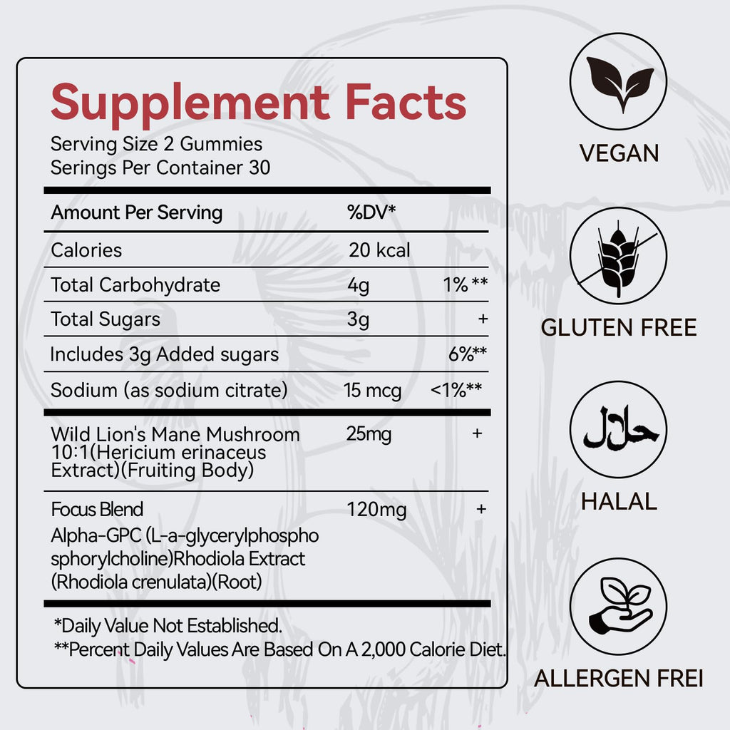 Mushroom Gummies with Lion’s Mane - Alpha Brain Gummy for Focus & Memory - Nootropic Focus Gummies with Rhodiola & Alpha-GPC – Vegan Brain Supplement, Raspberry Pomegranate Flavor, 60 Count (1) QualiLife Au supplements