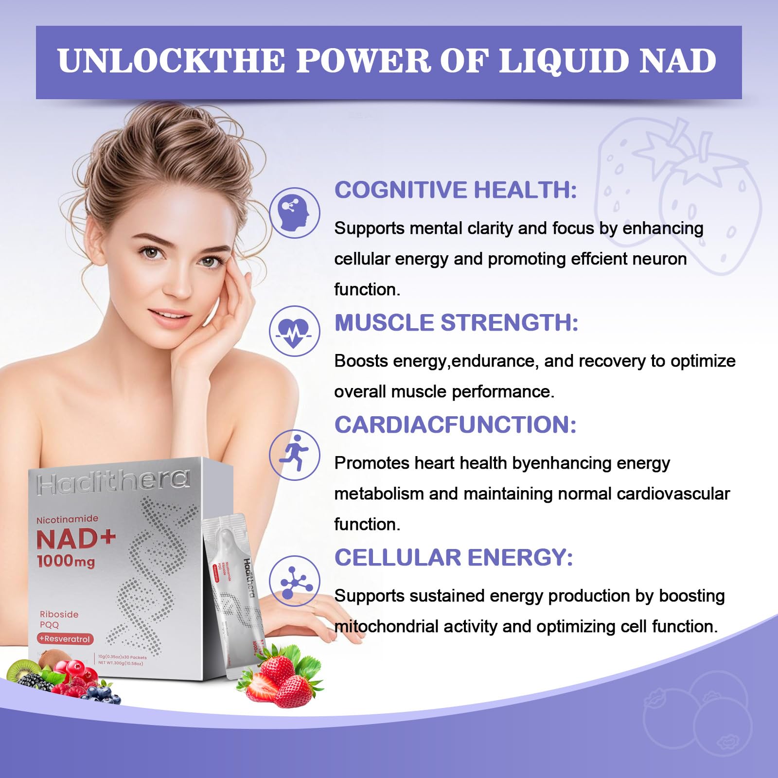 Haditheran NAD Supplement 1000mg Synergistic Blend with Nicotinamide Riboside, PQQ & Resveratrol - Premium Anti-Aging Supplement for Cellular Energy, Mental Clarity and Longevity (30 Packets) Haditheran Au supplements