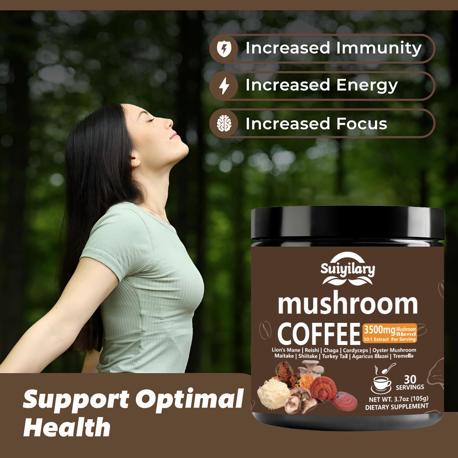 Suiyilary 10 Mushroom Coffee with Arabica w, Lion's Mane, Reishi, Mushroom Polysaccharides & More, Instant Mushrooms Powder for Focus, Immunity Boost,