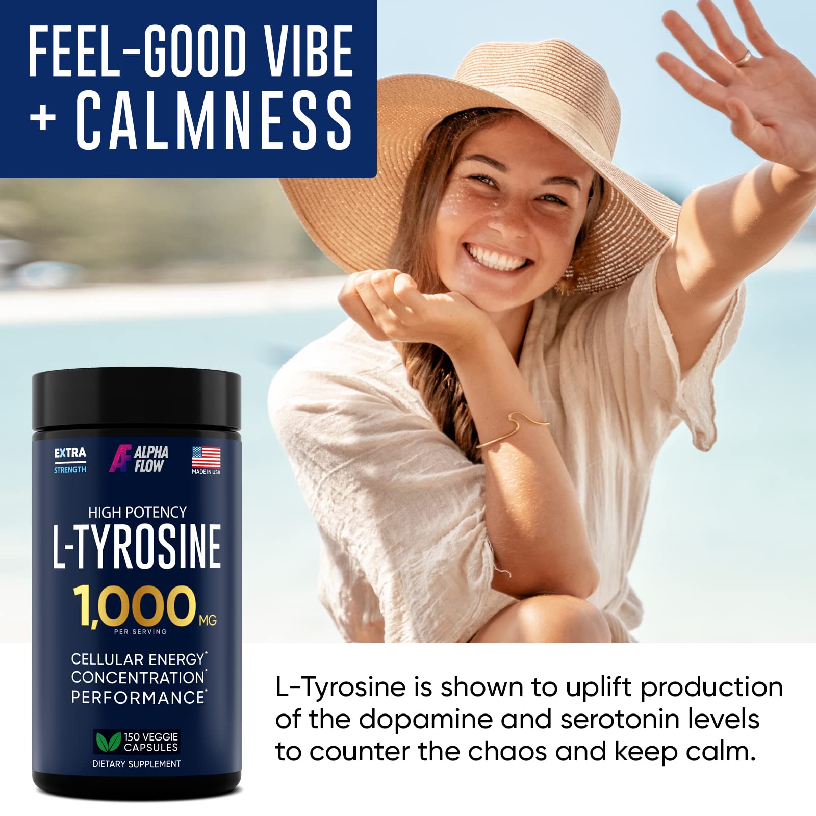 Alpha Flow L Tyrosine 1000MG Capsules - All-Natural L- Tyrosine Supplement for Focus & Energy Boost - Non-GMO & Gluten-Free