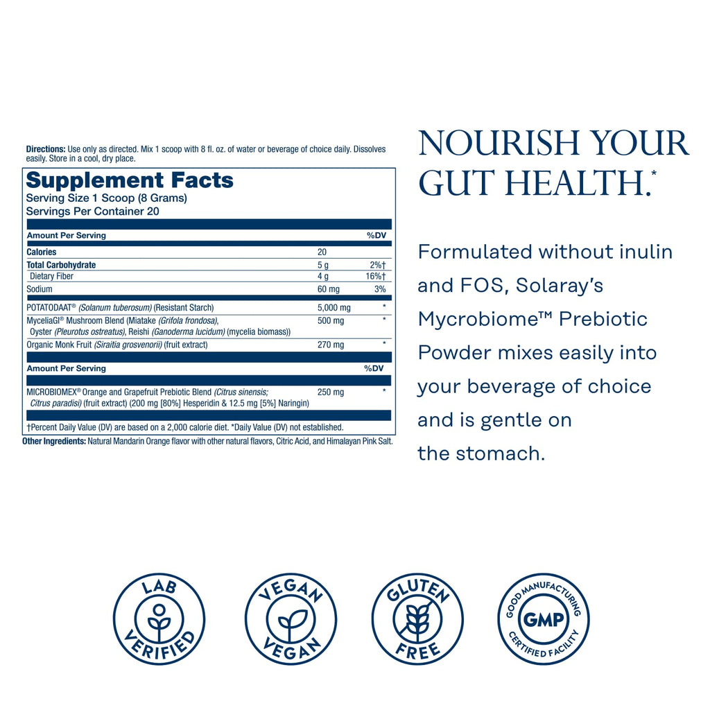 SOLARAY Mycrobiome Prebiotic Powder, Prebiotics for Women and Men, Digestive Nutritional Supplements for Colon and Gut Health, Easy-to-Mix, Non-Bloating Formula,