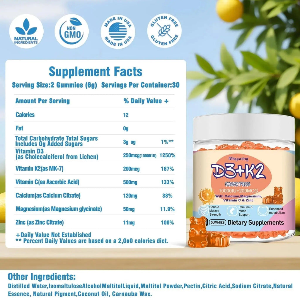 Misyvoing Vitamin D3 K2 Sugar-Free Gummies,Vitamin D3 10000 IU with K2 200mcg,VitaminC,Calcium,Magnesium,Zinc,Support for Bones Misyvoing Au supplements