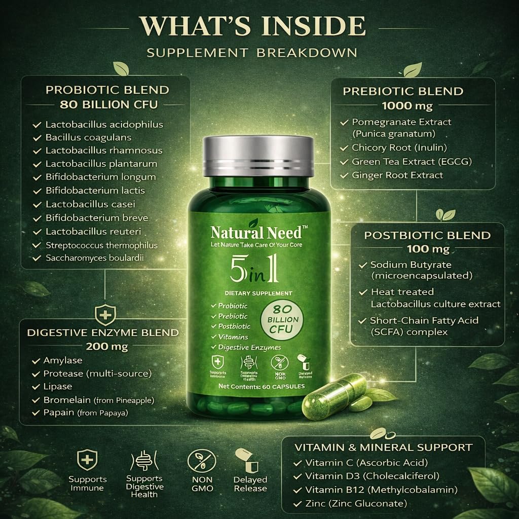 NATURAL NEED™ Gut Health – 5-in-1 Formula with Probiotics, Prebiotics, Postbiotics, Enzymes & Vitamins (C,D3,B12,Zinc) – Delayed Release Capsule – Supports Overall Digestion, Immunity & Gut – 60 Vegan NATURAL NEED Au supplements