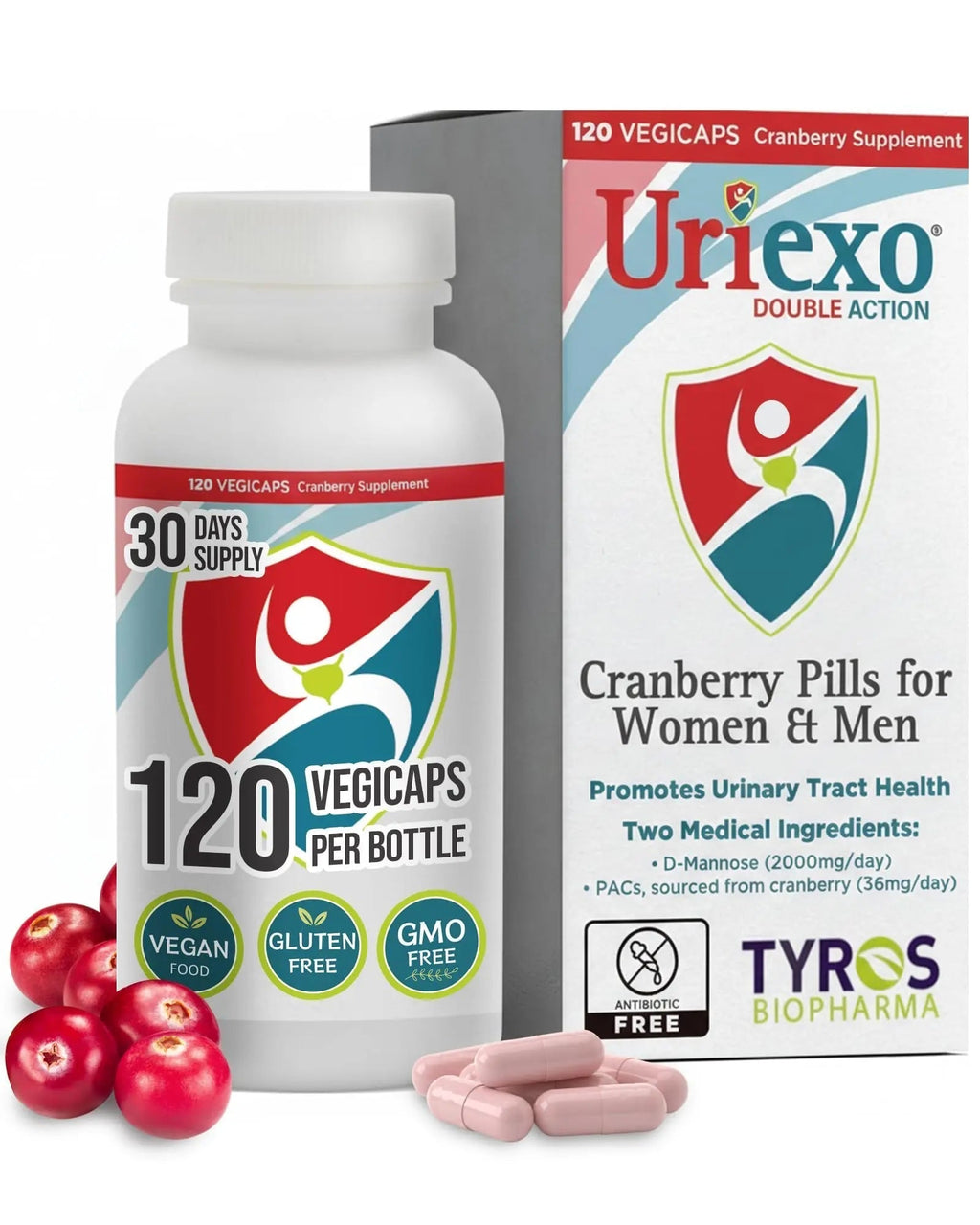 Uriexo Double Action Support Cranberry Pills - Urinary Tract Health Supplement with 36mg Proanthocyanidins PACs & 2000mg D-Mannose, Capsules for Men & Women, Non-Antibiotic Formula, 30 Day Supply Uriexo Au supplements