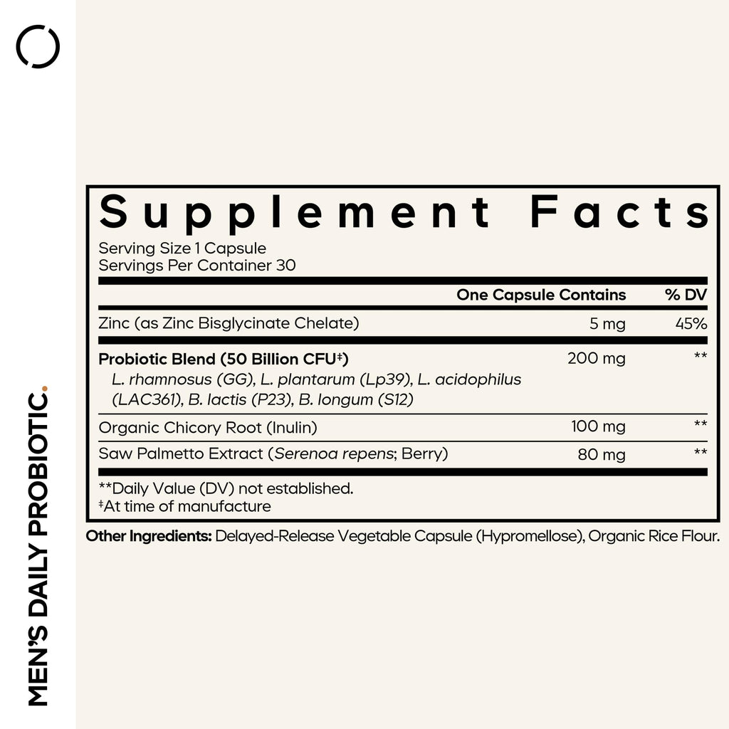 Codeage Men’s Daily Probiotic Supplement - 50 Billion CFU Probiotic Blend with Zinc, Inulin Prebiotic, Saw Palmetto – Men’s Wellness Support – 1 Capsule Per Serving - Non-GMO – 30 Capsules Codeage Au supplements