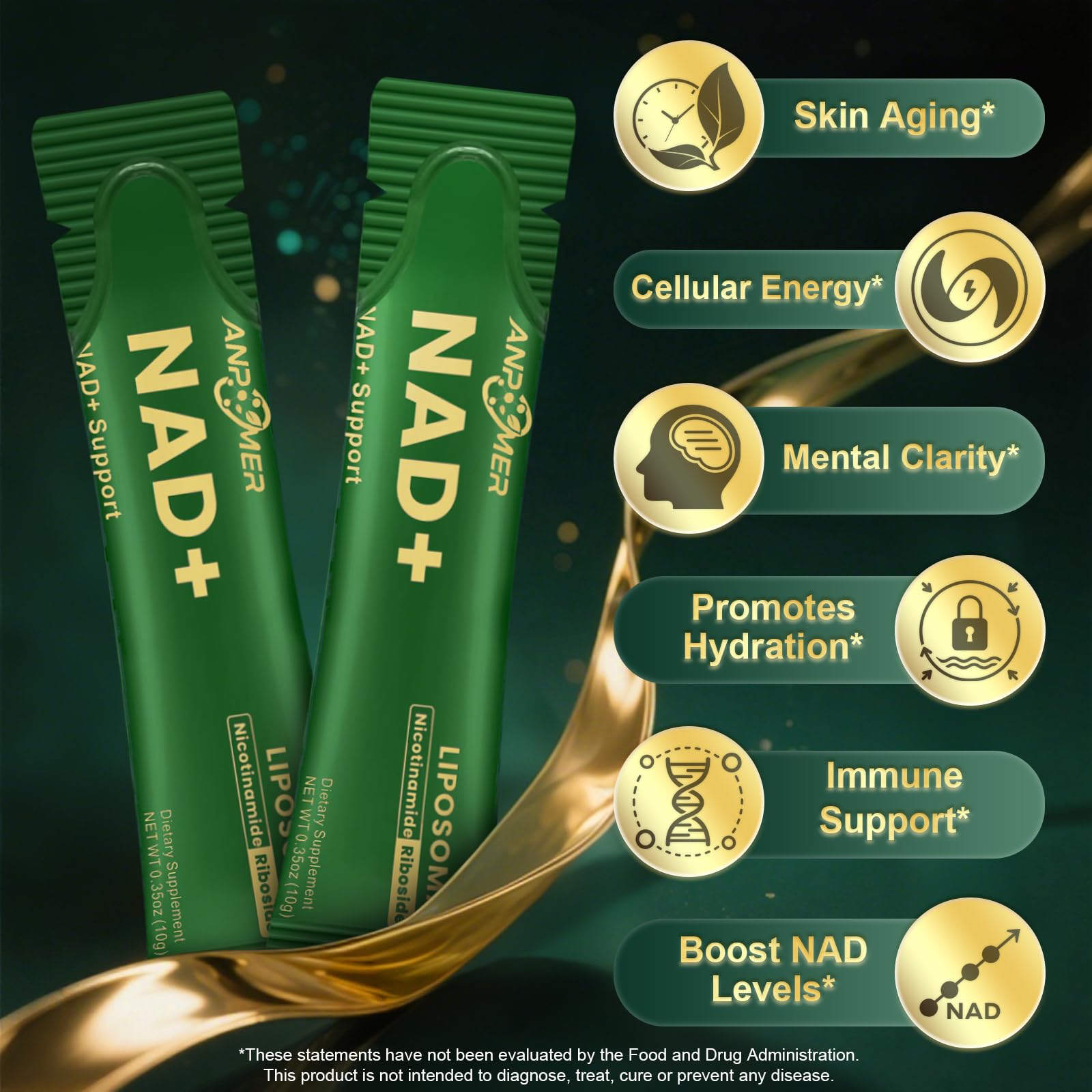 ANPOMER NAD Supplement with Liposomal Nicotinamide Riboside 600mg, Resveratrol, CoQ10, PQQ & D-Ribose, Electrolyte Blend, 30 Liquid Packets ANPOMER Au supplements