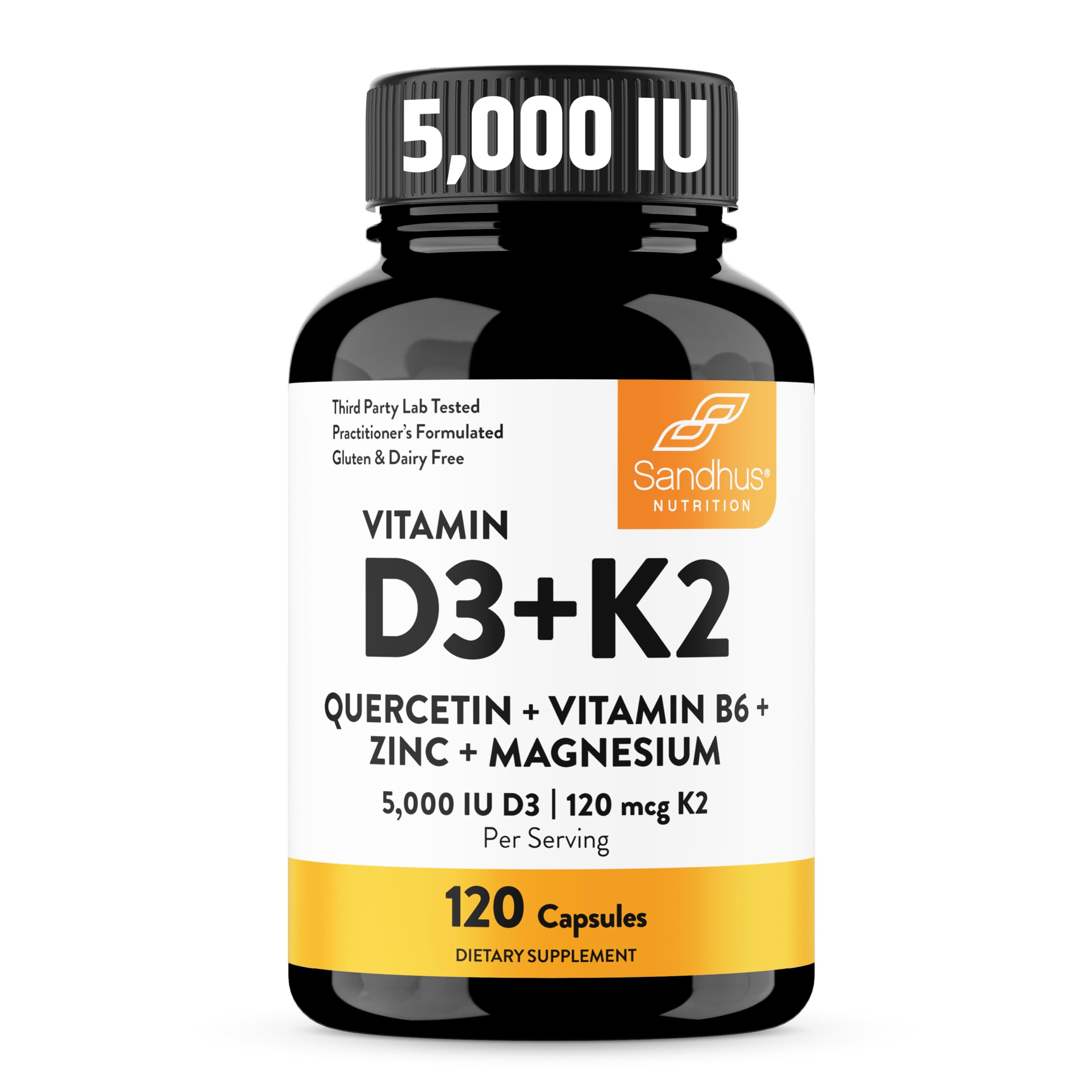 Sandhu's Vitamin D3 K2 Magnesium 5000 IU, 120mcg K2 Capsules 120 Count (Pack of 1) | with VIT B6, Zinc & Quercetin | D3K2 Supports Superior Absorption