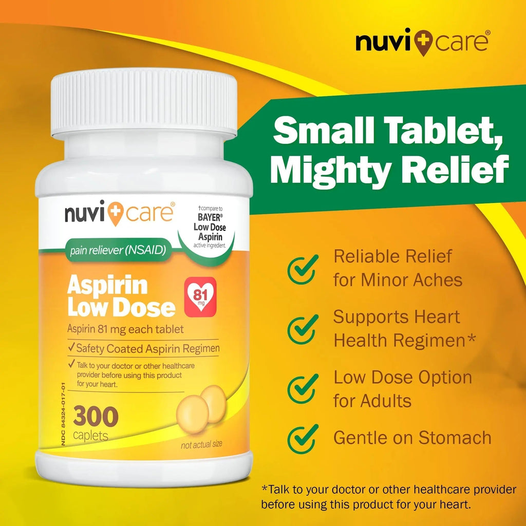 NUVICARE Low Dose Aspirin 81mg for Adults Coated Caplets - Compare to Active Ingredient in Low Dose Bayer Aspirin for Adults - Safety Coated (300 Count) NUVICARE Au supplements