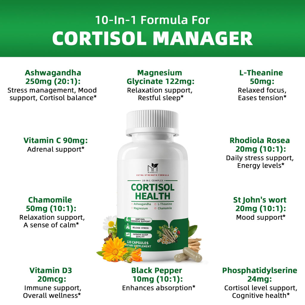 MABEFY Cortisol Supplements for Women/Men - 10 in 1 Cortisol Manager Reducer Lower Detox Balance with Magnesium, Ashwagandha, L-Theanine for Stress, Sleep, Calm, Mood Support - 60 Capsules for 30 Days MABEFY Au supplements