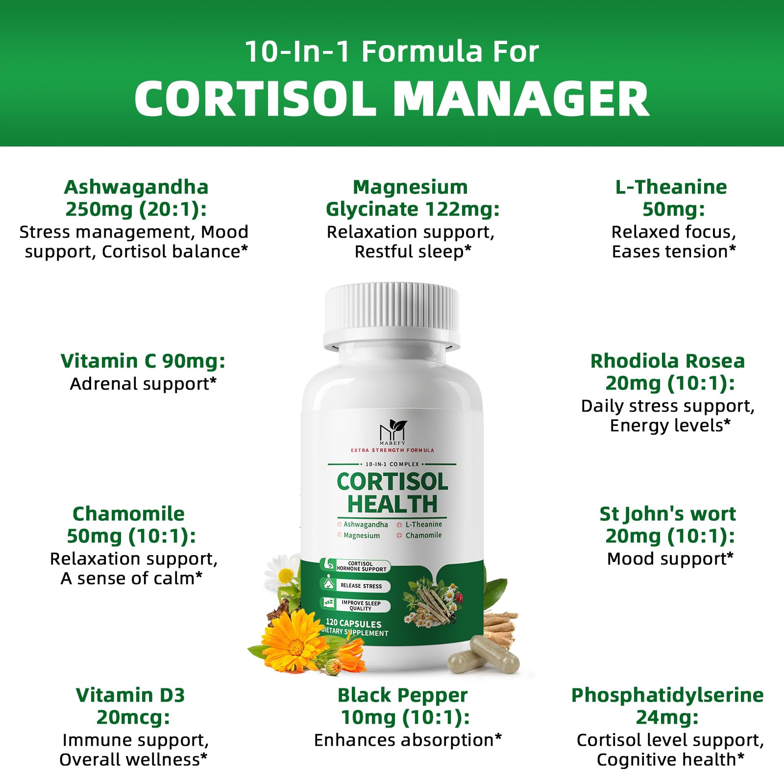 MABEFY Cortisol Supplements for Women/Men - 10 in 1 Cortisol Manager Reducer Lower Detox Balance with Magnesium, Ashwagandha, L-Theanine for Stress, Sleep, Calm, Mood Support - 60 Capsules for 30 Days MABEFY Au supplements