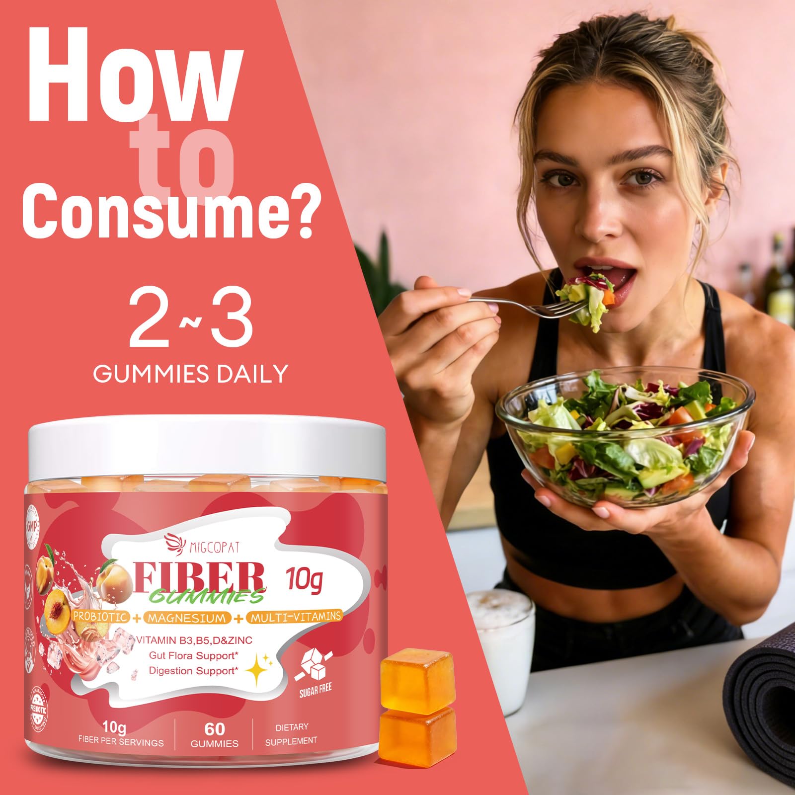 Migcopat 10G Fiber Gummies for Adults with Vitamins C, D, B3, B5 - Digestive & Gut Health Gummies with 30 Billion CFU Probiotics Blend, Inulin, ACV, Magnesium, Zinc