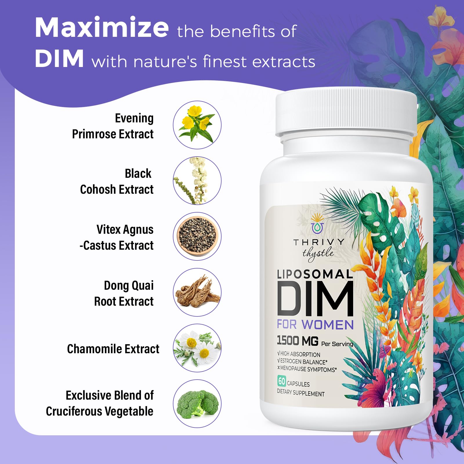 ThrivyThystle Liposomal DIM 400 mg - Hormone Balance, Estrogen Support for Women, DIM Supplement with Vitamin E, Evening Primrose, Black Cohosh, Omega-3 Fatty Acids (60 Capsules) ThrivyThystle Au supplements