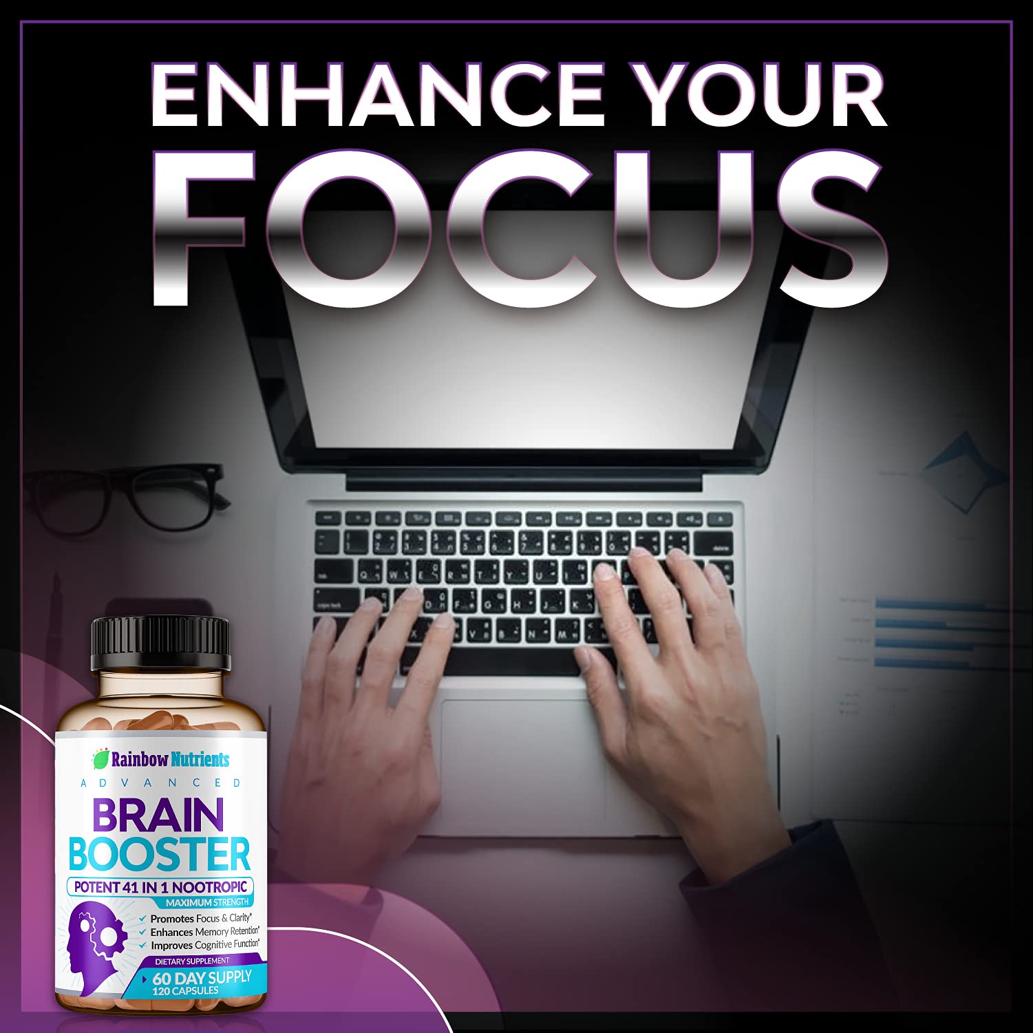 40-in-1 Brain Booster Supplements for Memory, Focus, Clarity, Energy, Performance | Natural Nootropic Brain Support Supplement with DMAE, Bacopa Monnieri & More | For Men & Women | 120 V Capsules Rainbow Nutrients, LLC Au supplements