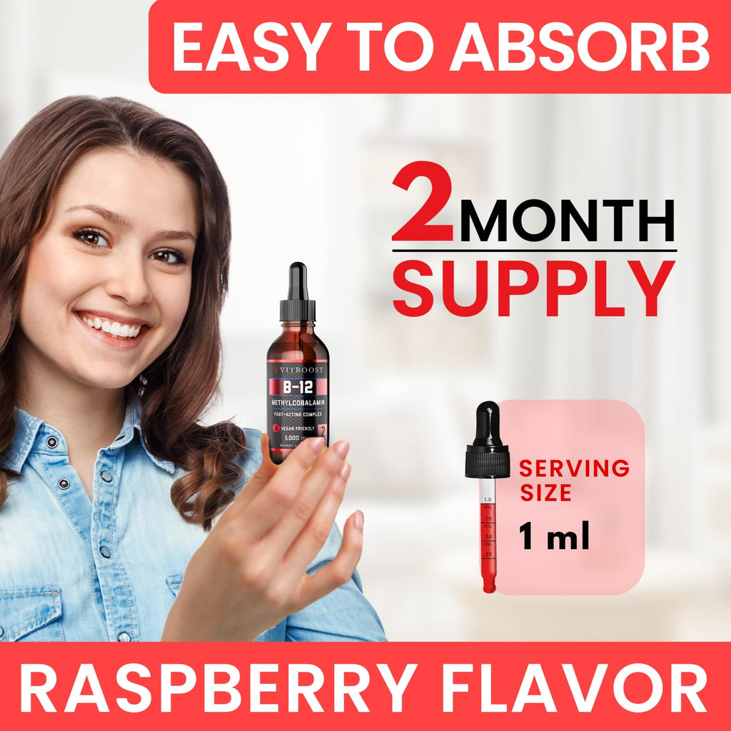 VITBOOST Vegan Liquid B-12 Drops – 60 x 5000 mcg Extra Strength Raspberry Flavored Vitamin B12 Liquid Methylcobalamin sublingual Supplement | Designed to Maximize Absorption