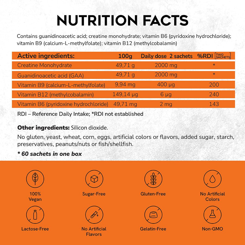 CreGAAtine Micronized Creatine Monohydrate + GAA | Increase Strength, No Water Retention | Boosts Memory & Focus | Single-Serve Packets | 60 Sachets, 30 Servings | (Sachets, Orange) CreGAAtine Au supplements