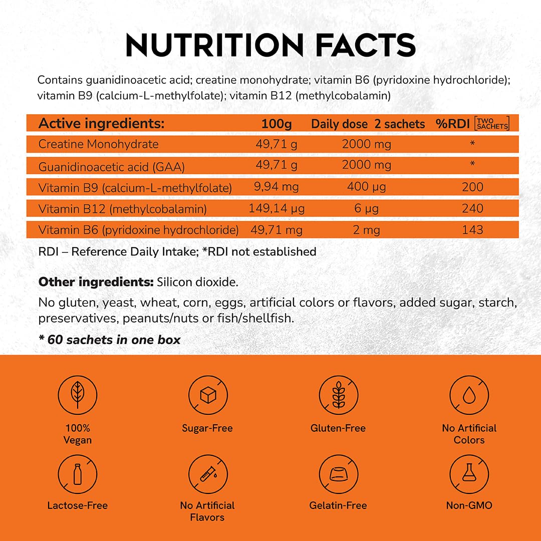 CreGAAtine Micronized Creatine Monohydrate + GAA | Increase Strength, No Water Retention | Boosts Memory & Focus | Single-Serve Packets | 60 Sachets, 30 Servings | (Sachets, Orange) CreGAAtine Au supplements