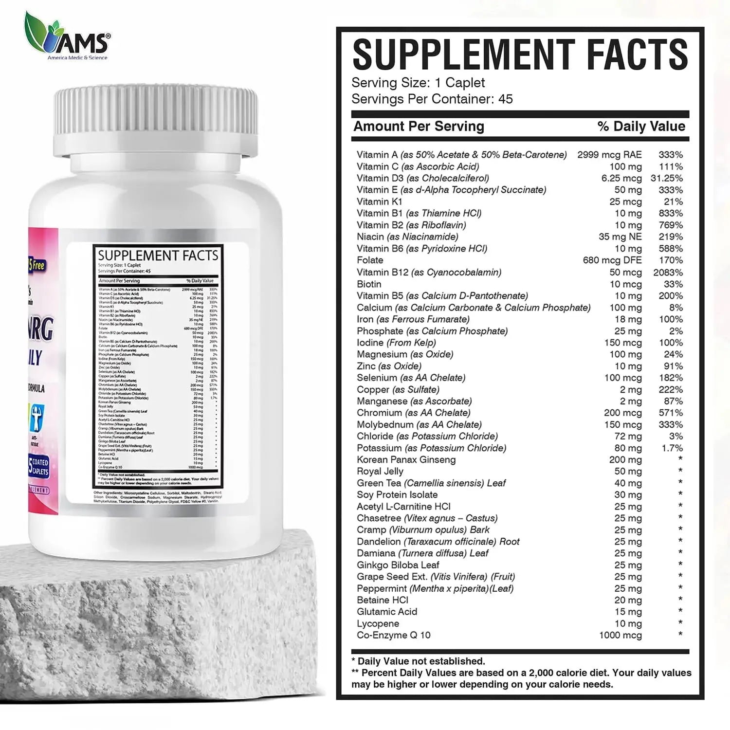 America Medic & Science Multivitamins for Women, Multi-NRG, 45 Coated Caplets, One Daily, Immune Support Supplements, Vitamin C & B Complex America Medic & Science Au supplements