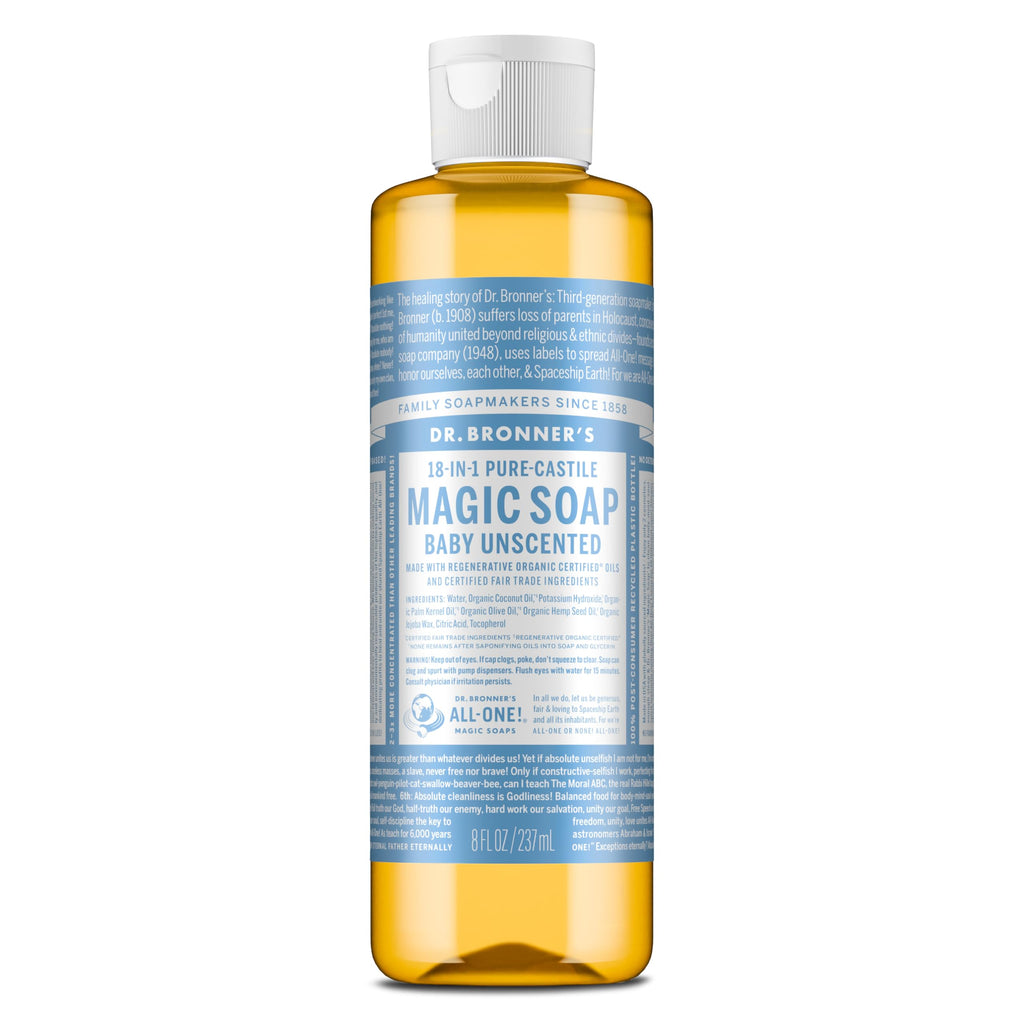 Dr. Bronner's Pure-Castile Magic Liquid Soap (Baby Unscented, 8 Ounce)- Made with Regenerative Organic Certified Oils, For Face