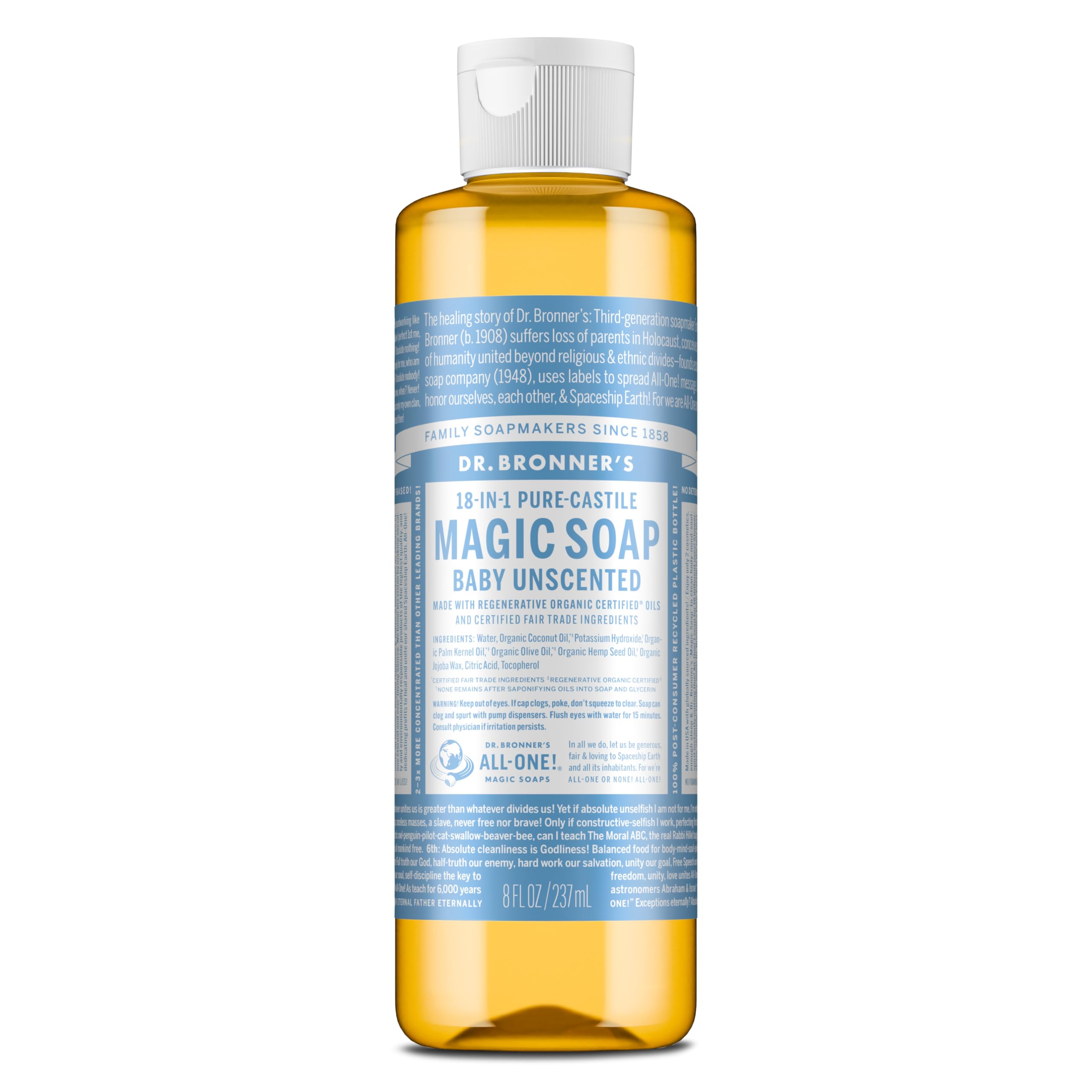 Dr. Bronner's Pure-Castile Magic Liquid Soap (Baby Unscented, 8 Ounce)- Made with Regenerative Organic Certified Oils, For Face