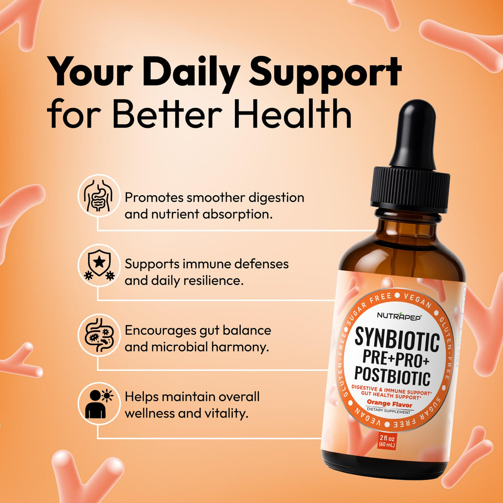 NutraPep Synbiotic Liquid Drops - Probiotic Prebiotic & Postbiotic Supplement for Adults Kids Ages 4+ - Daily Synbiotic for Gut Health Digestive & Immune Support