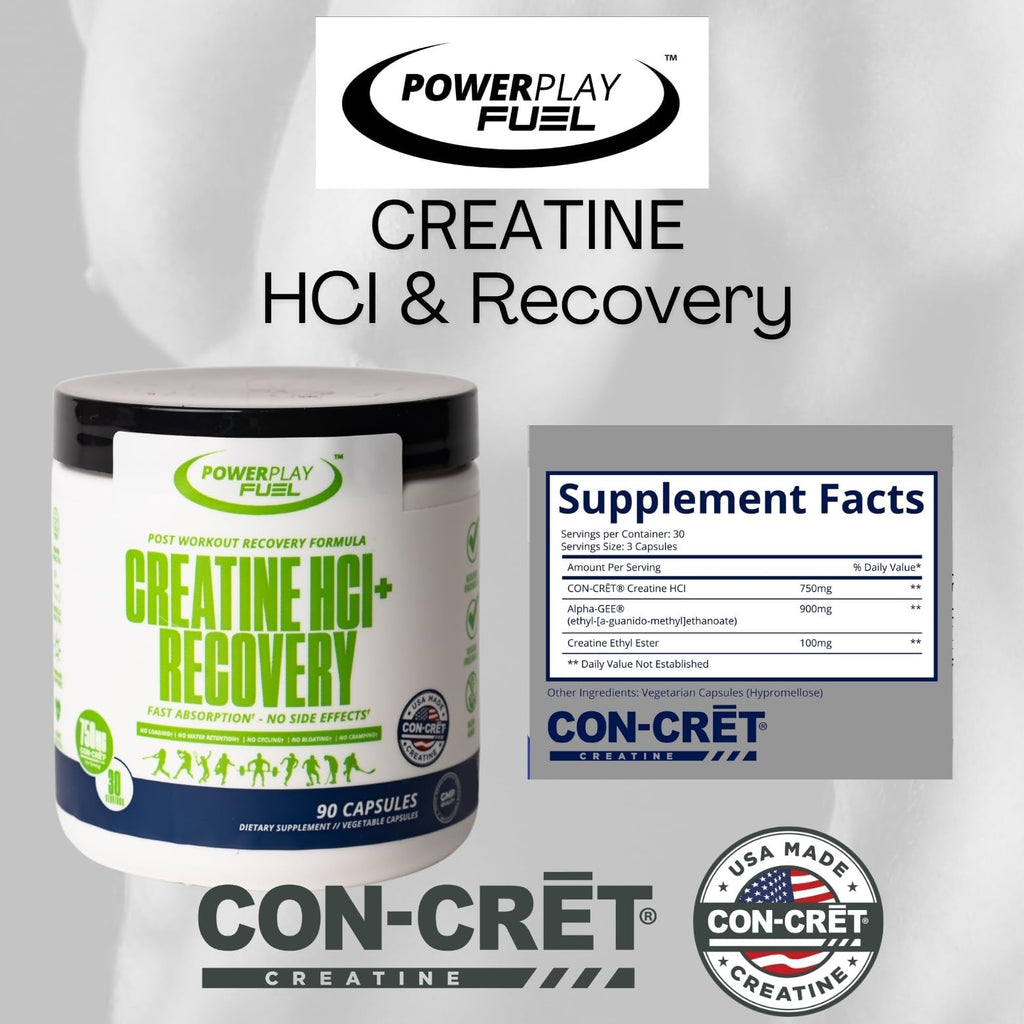 CREATINE HCl + Recovery Capsules for Men and Women, Muscle & Brain Health, Cognitive Function, Immune Support - 90 Vegetable Capsules POWER PLAY FUEL Au supplements