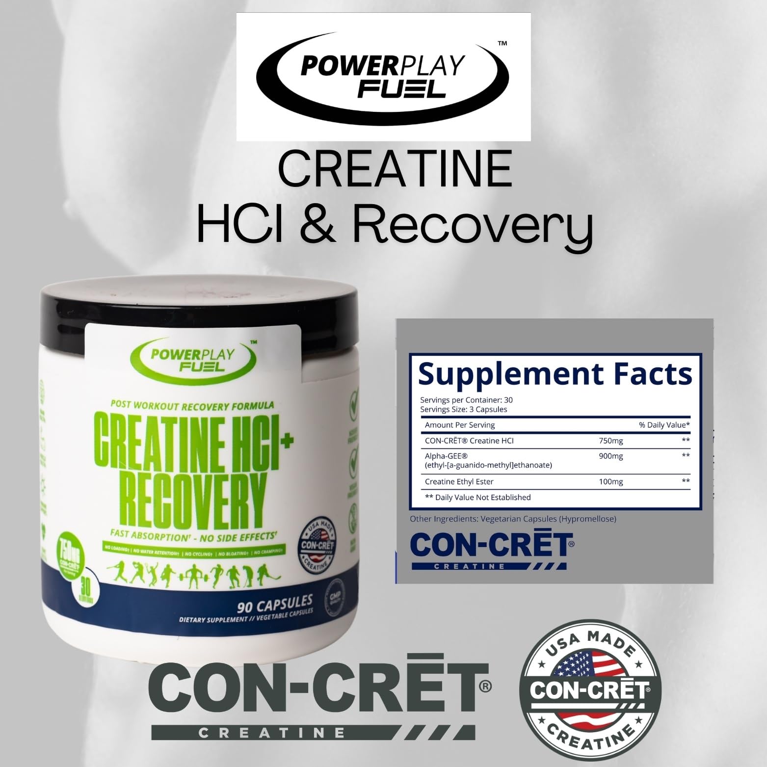 CREATINE HCl + Recovery Capsules for Men and Women, Muscle & Brain Health, Cognitive Function, Immune Support - 90 Vegetable Capsules POWER PLAY FUEL Au supplements