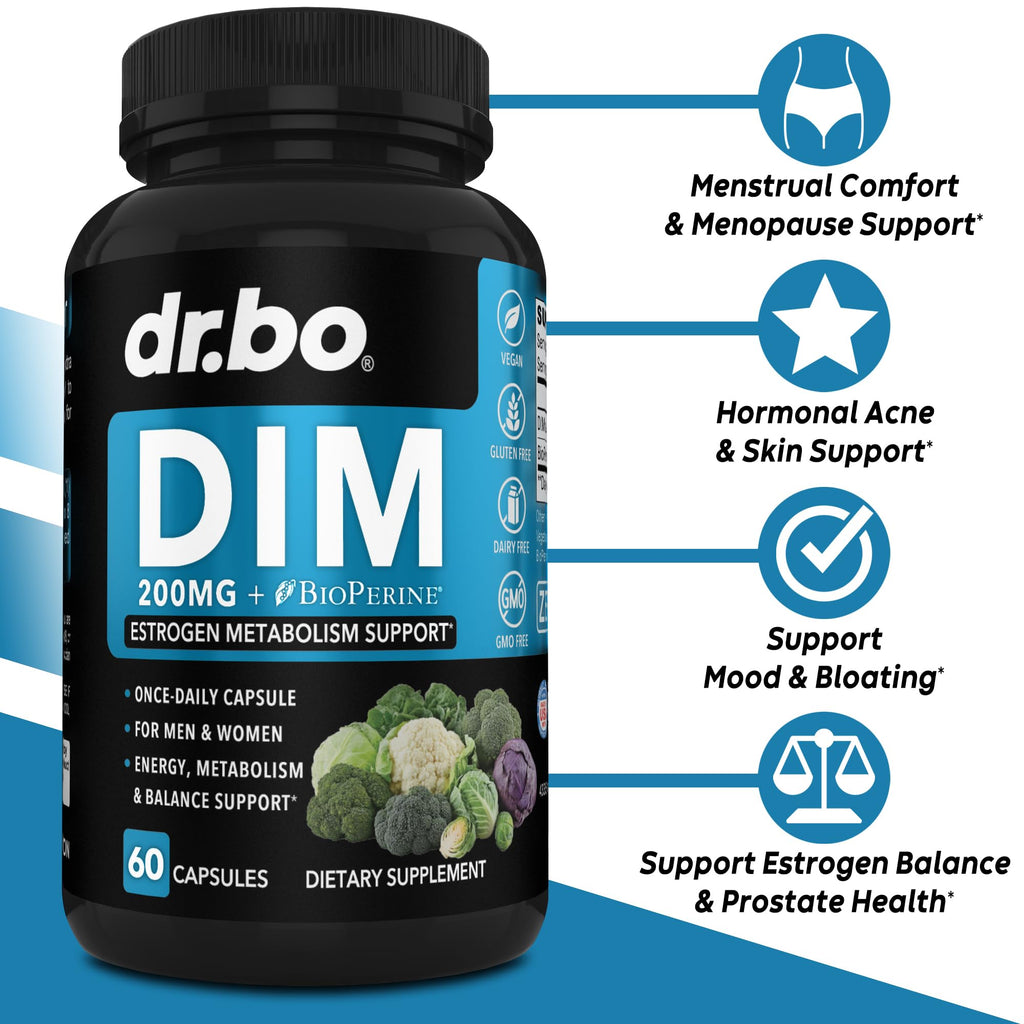 DIM Supplement for Women & Men 200mg - Androgen Estrogen Blocker for Men & Women, Hormonal Acne Pills, Hormone Balance, Menopause Support, Diindolylmethane DIM Supplement Plus BioPerine - 60 Capsules DR. BO Au supplements