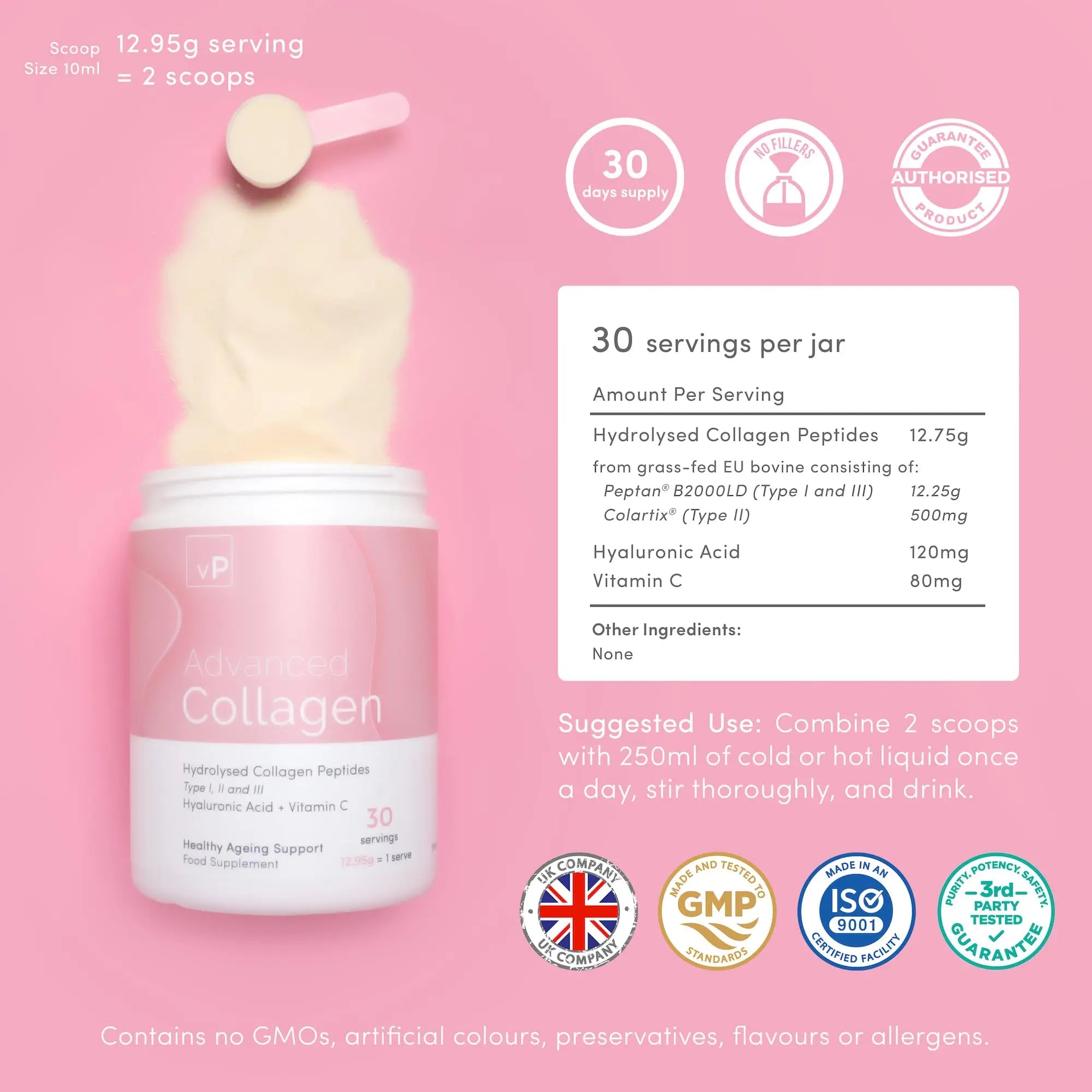 Advanced Collagen with Hyaluronic Acid - 12.95g x 30 Servings - Type 1 2 3 vP Vitality Pro Au supplements