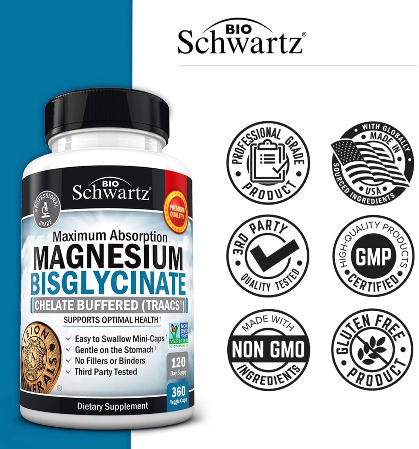 Magnesium Bisglycinate Chelated Supplement - High Absorption Magnesium Glycinate Supplement for Women and Men - Sleep, Muscle, Bone & Joint Support