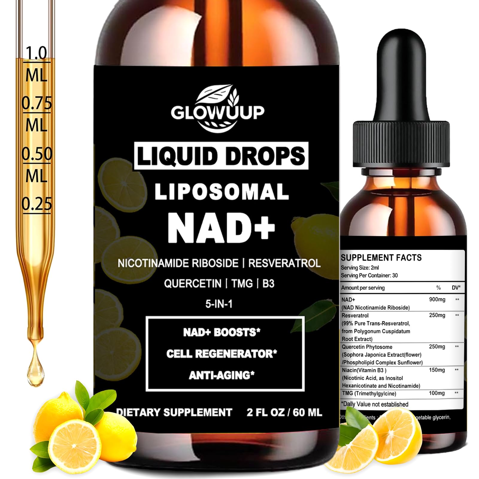 NAD Supplements for Women & Men, Liposomal NAD Nicotinamide Riboside Resveratrol 900mg w. B3 Vitamin Quercetin TMG, Liquid Resveratrol NAD Plus Supplement for Anti-Aging Energy Focus Longevity GLOVVUUP Au supplements