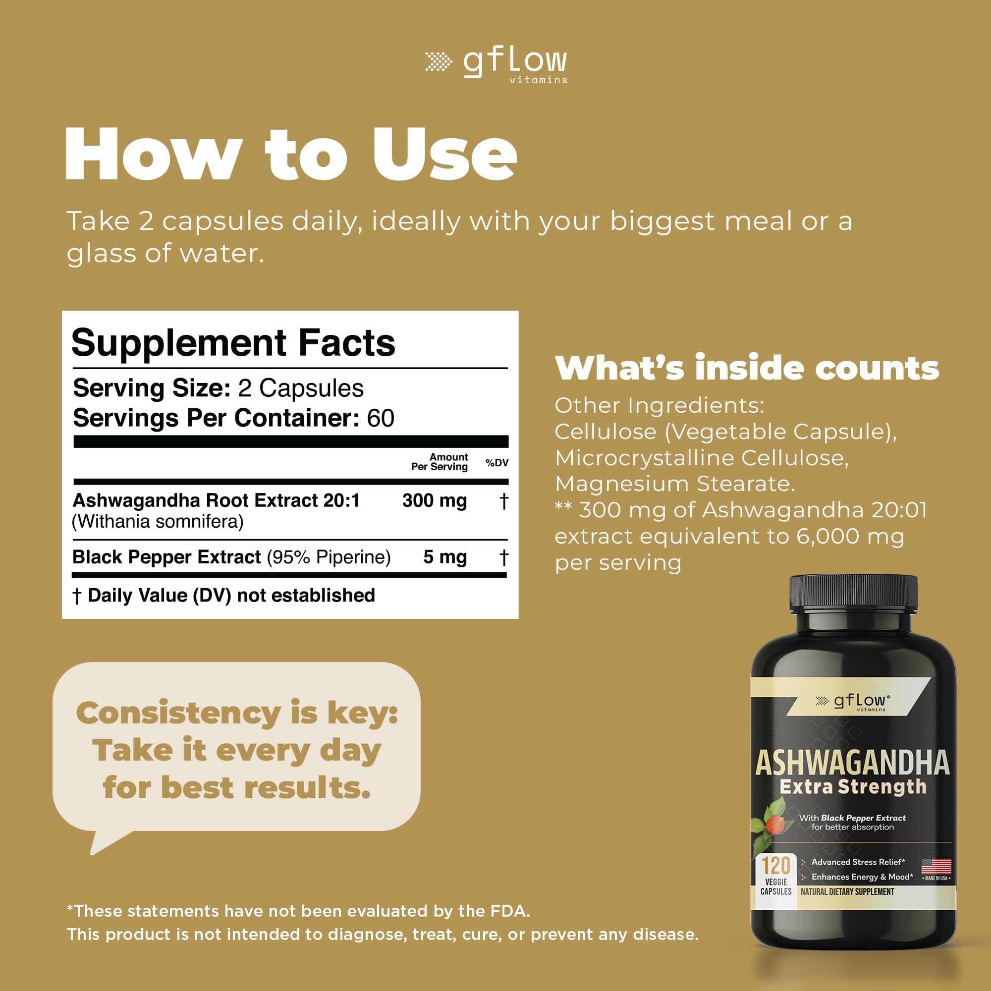 gflow vitamins Ashwagandha Supplements for Women and Men | Sleep, Mood and Energy Support | Extra Strength