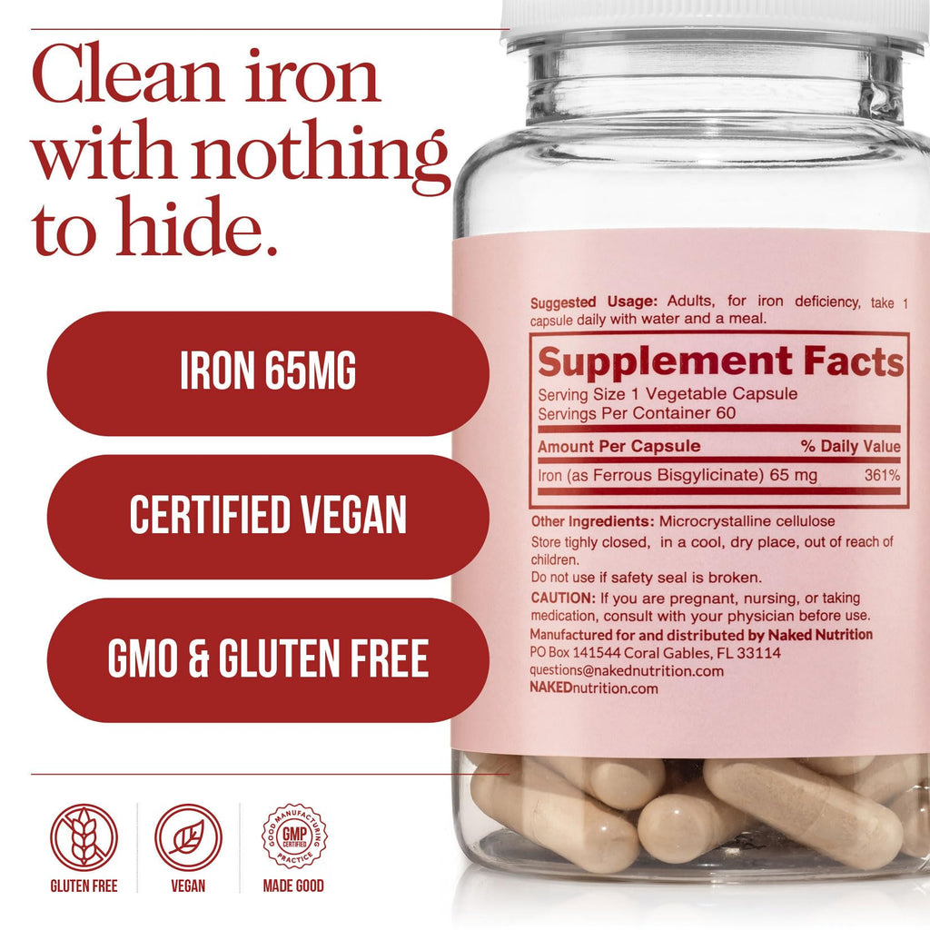 Naked Iron 65mg, 325mg Ferrous Bisglycinate - High Potency Iron Supplement for Iron Deficiency, Cellular Energy Support, Promotes Healthy Red Blood Cell Production